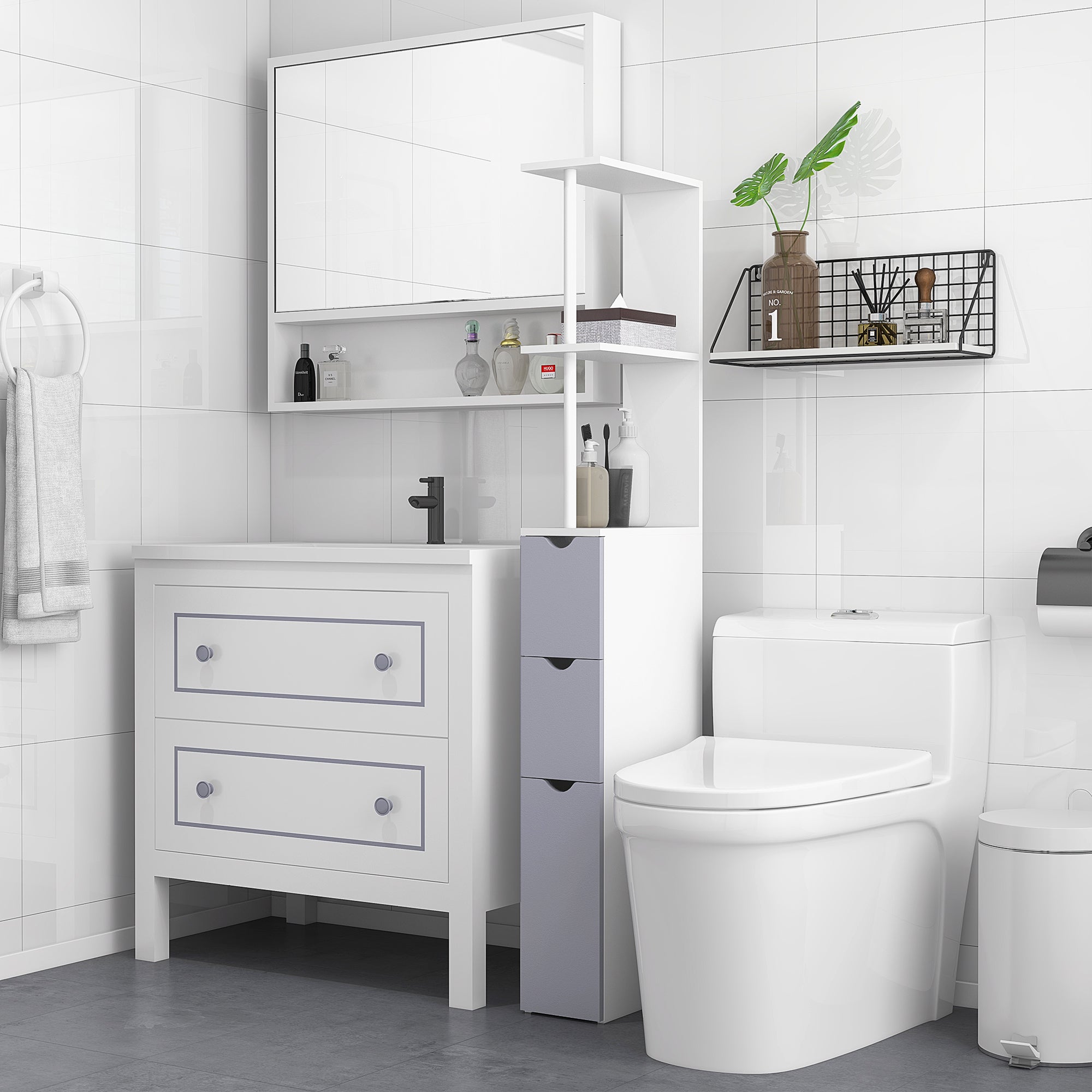 HOMCOM Tall Bathroom Cabinet, Freestanding Bathroom Storage Cabinet with 2-Tier Shelf and Drawers, Narrow Cupboard Storage Unit, White, Grey - North Peak Garden Furniture