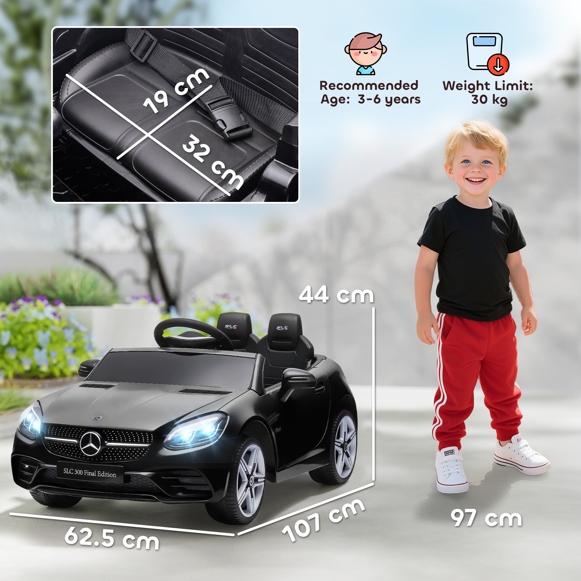 AIYAPLAY Benz SLC 300 Licensed 12V Kids Electric Ride On Car with Parental Remote Two Motors Music Lights Suspension Wheels for 3-6 Years Black