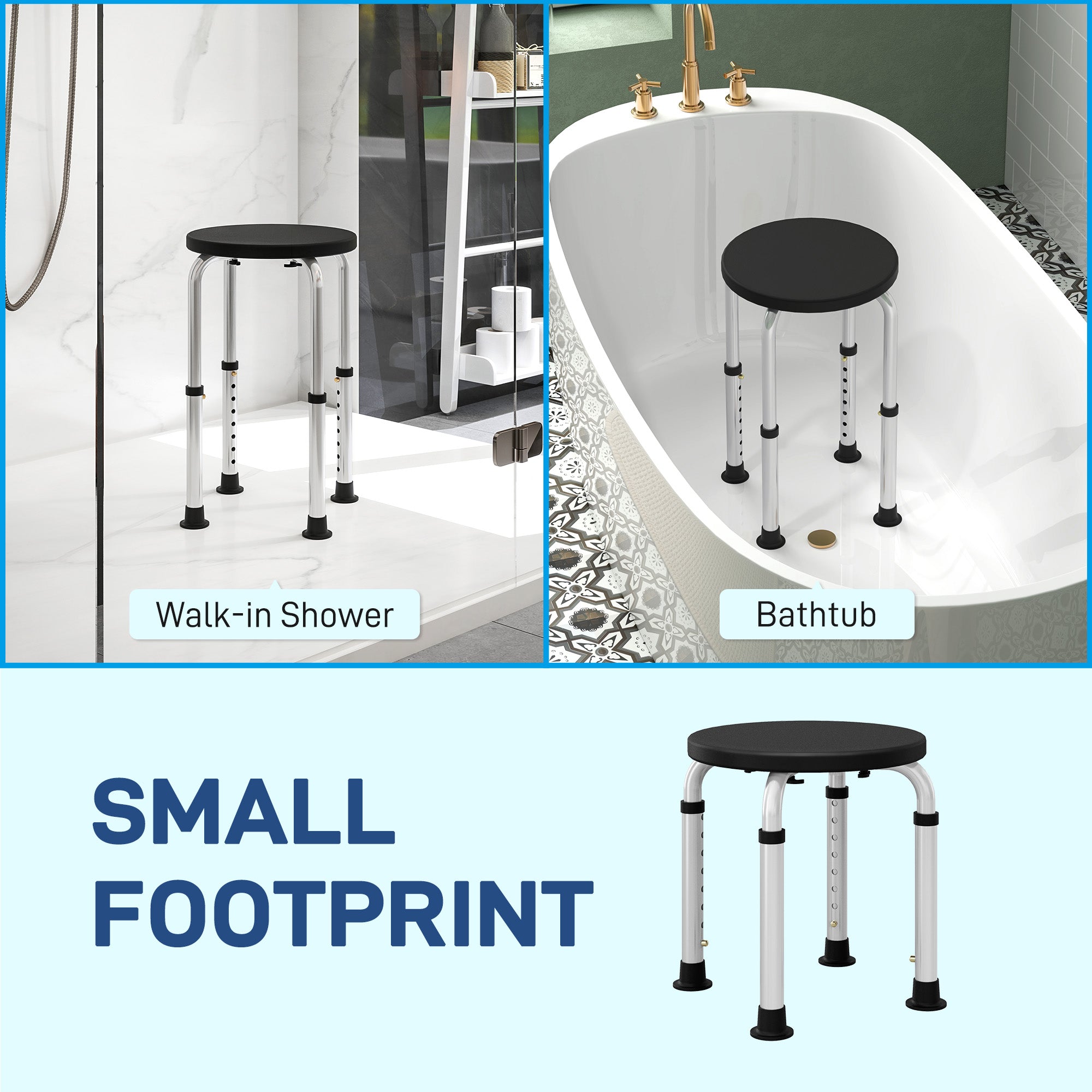 HOMCOM Shower Chair, Height Adjustable Aluminium Shower Stool with Non-Slip Feet for Disabled, Elderly, Black - North Peak Garden Furniture