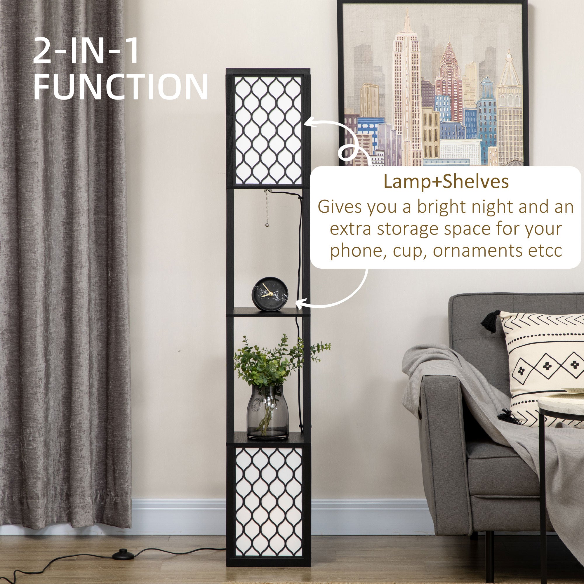 HOMCOM Floor Lamp with Shelves, Dual Light, Modern Tall Standing Lamps for Living Room, Bedroom, with Pull Chain Switch Bulb not Included, Black - North Peak Garden Furniture