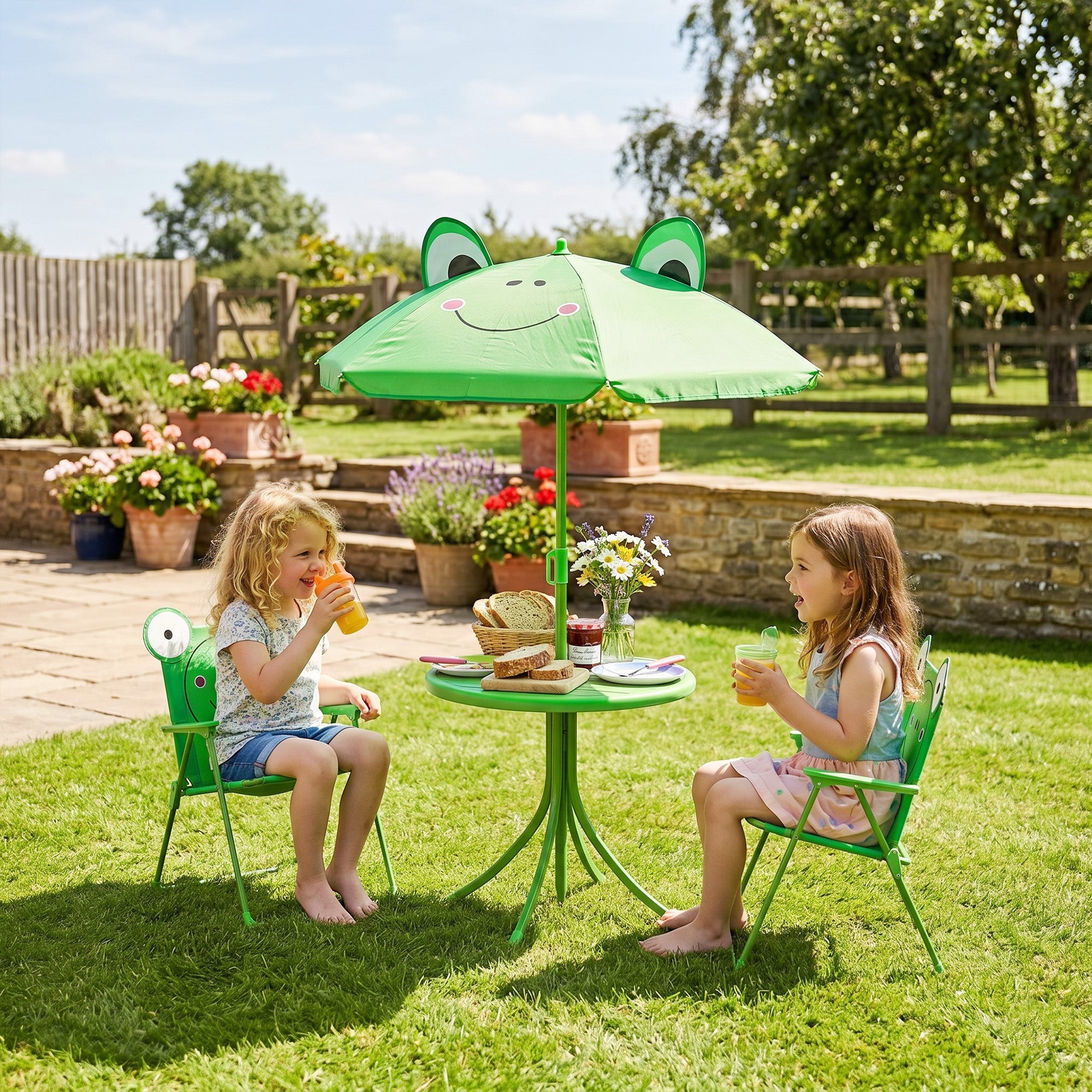 Outsunny Kids Outdoor Table and Chairs Garden Furniture Frog Pattern with Removable & Height Adjustable Sun Umbrella, Green