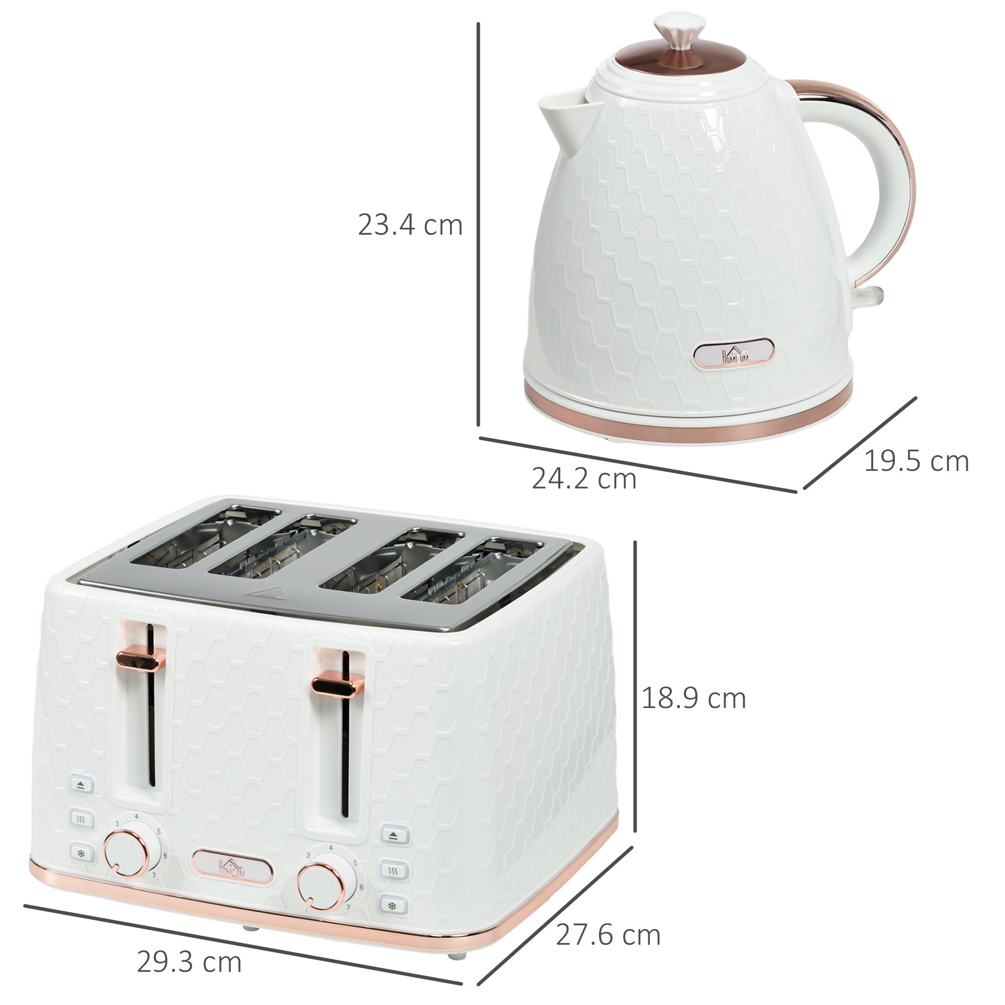 HOMCOM 1.7L 3000W Fast Boil Kettle & 4 Slice Toaster Set, Kettle and Toaster Set with 7 Browning Controls, Crumb Tray, White - North Peak Garden Furniture