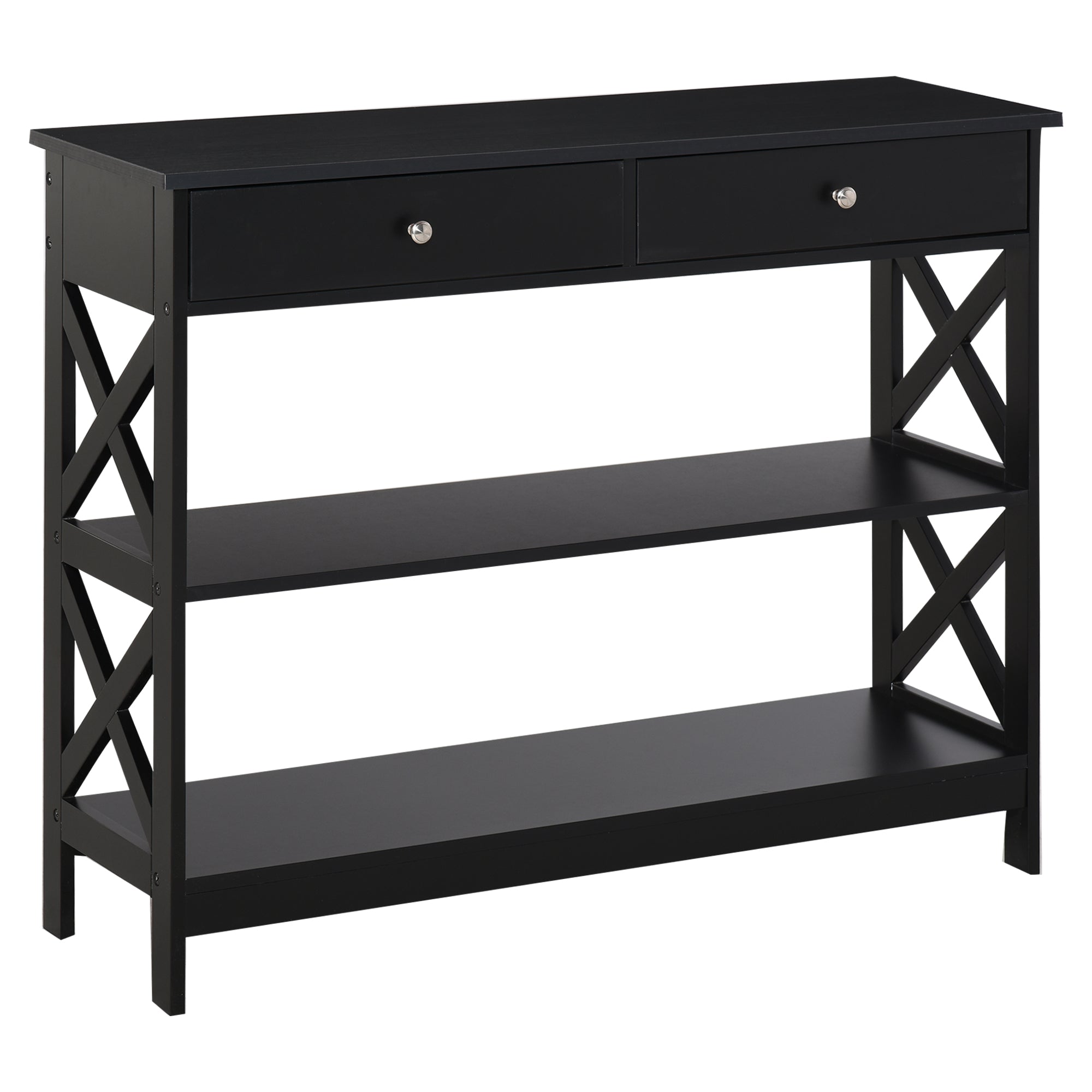 HOMCOM Console Table Side Desk w/ Shelves Drawers Open Top X Support Frame Living Room Hallway Home Office Furniture Black - North Peak Garden Furniture