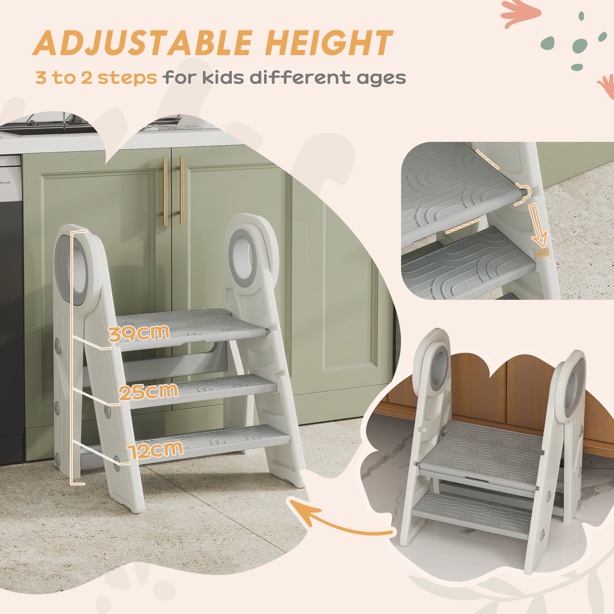 AIYAPLAY Foldable & Adjustable Toddler Tower with Handle, Non-Slip, Grey