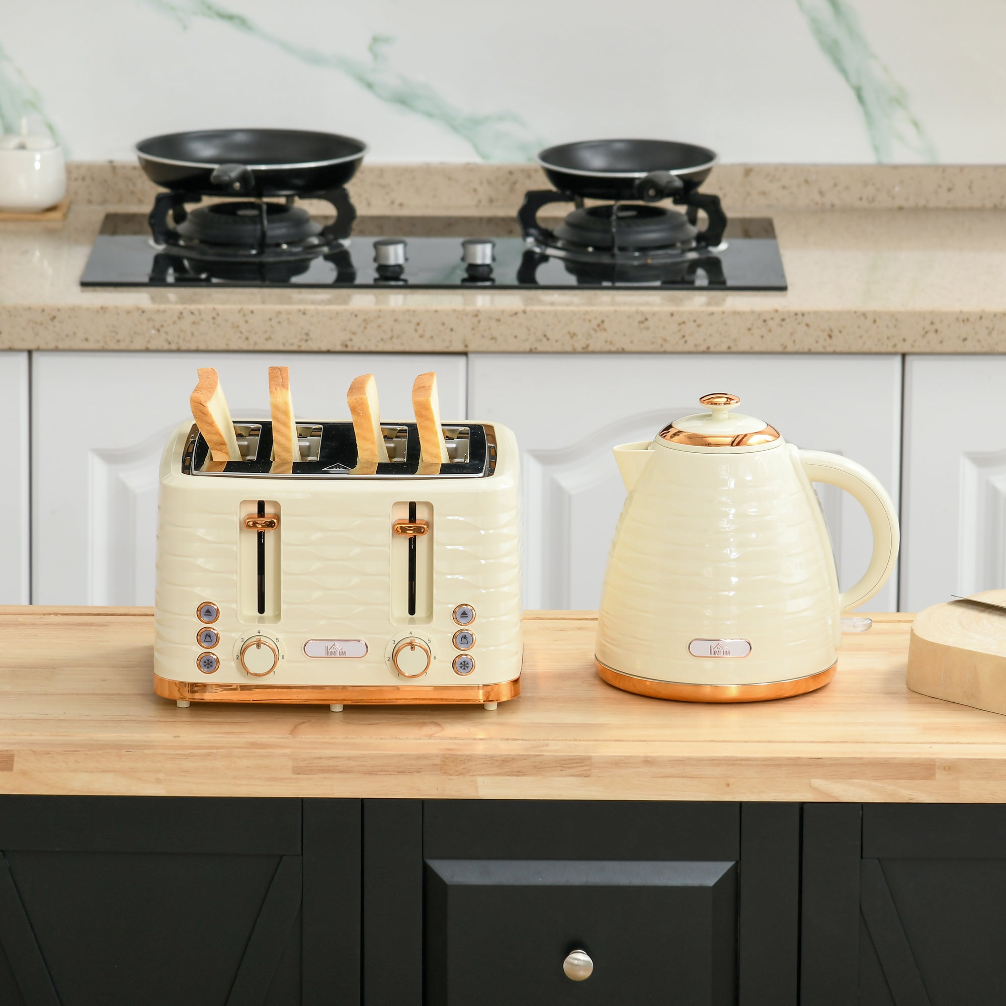 HOMCOM 3000W 1.7L Rapid Boil Kettle & 4 Slice Toaster, Kettle and Toaster Set with 7 Browning Controls and Crumb Tray, Beige - North Peak Garden Furniture