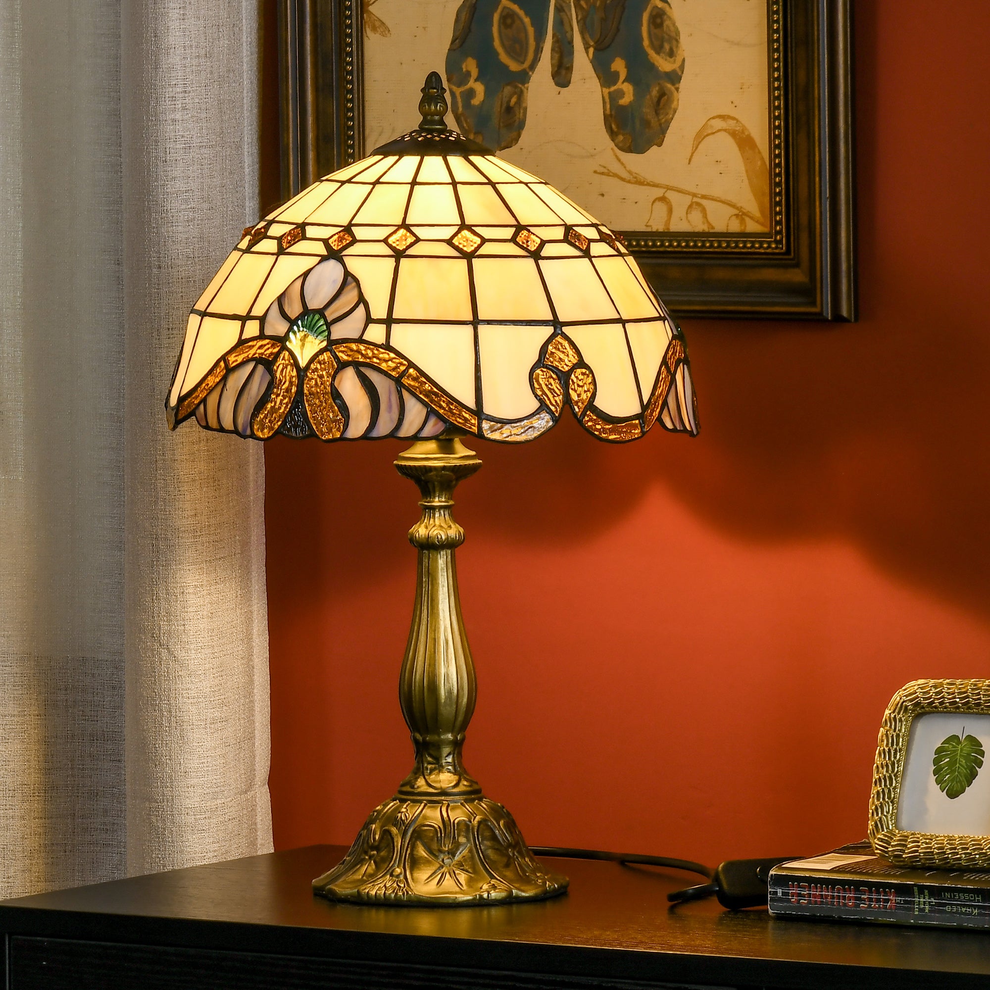 HOMCOM Stained Glass Table Lamp, Handmade Antique Bedside Lamp, Decorative Night Light for Bedroom, Living room, Home, Nightstand - North Peak Garden Furniture