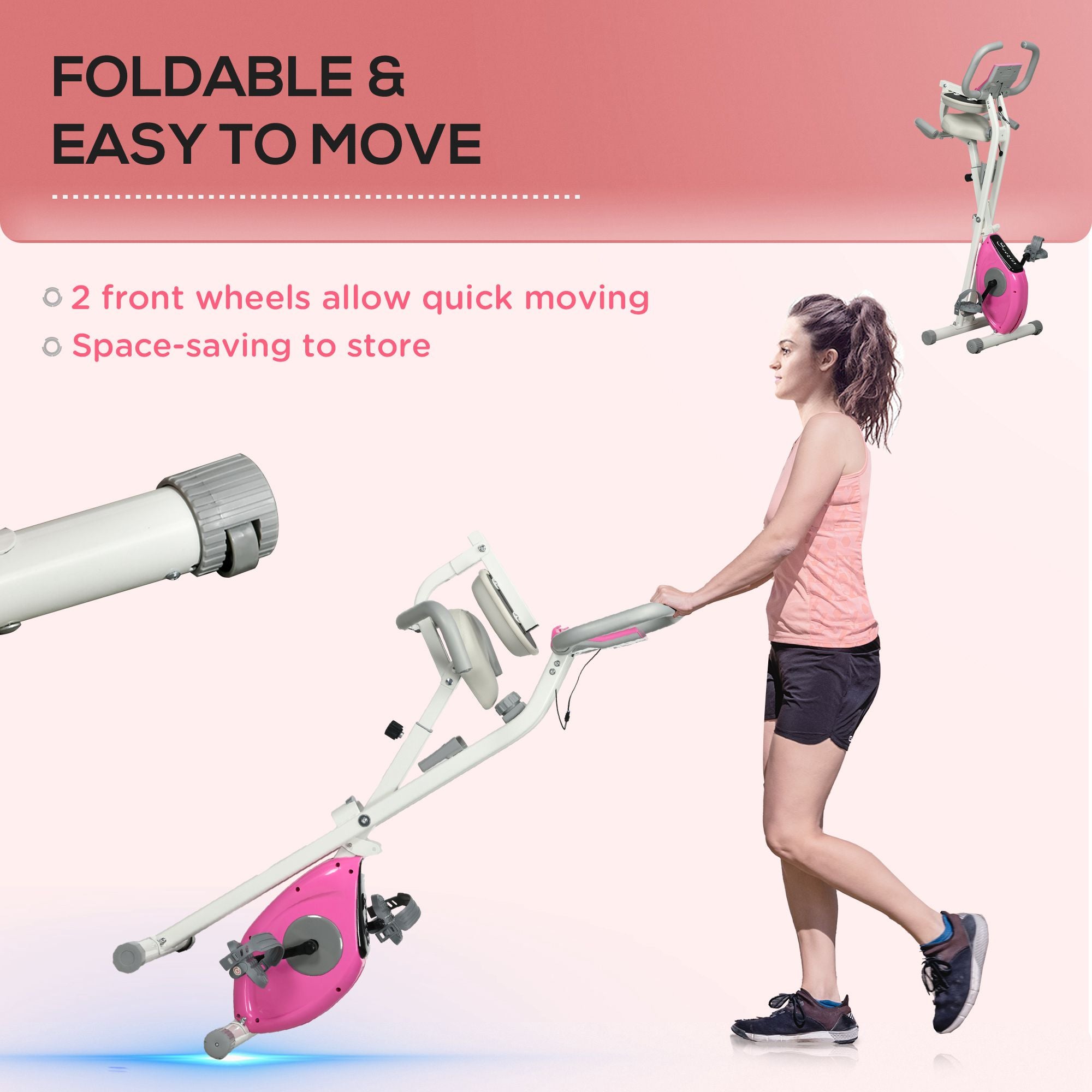 HOMCOM Folding Exercise Bike, with Adjustable Magnetic Resistance, Seat Height - White and Pink - North Peak Garden Furniture