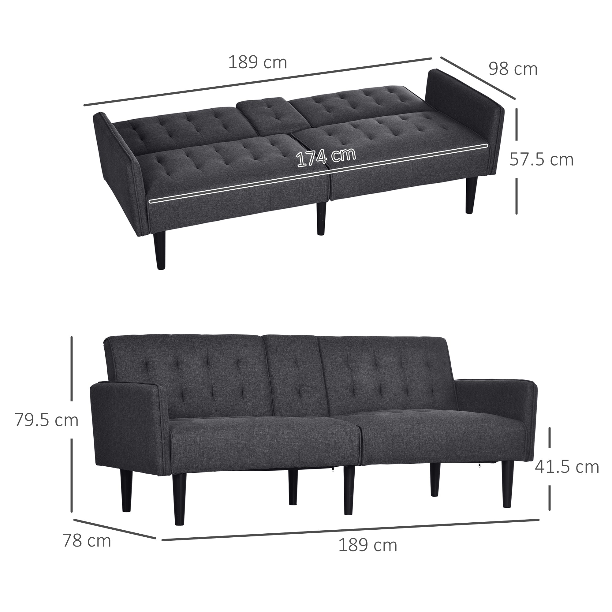 HOMCOM Upholstered Click Clack Sofa Bed, Linen-Feel 3 Seater Sofa Bed with Storage and Cupholders, Grey - North Peak Garden Furniture