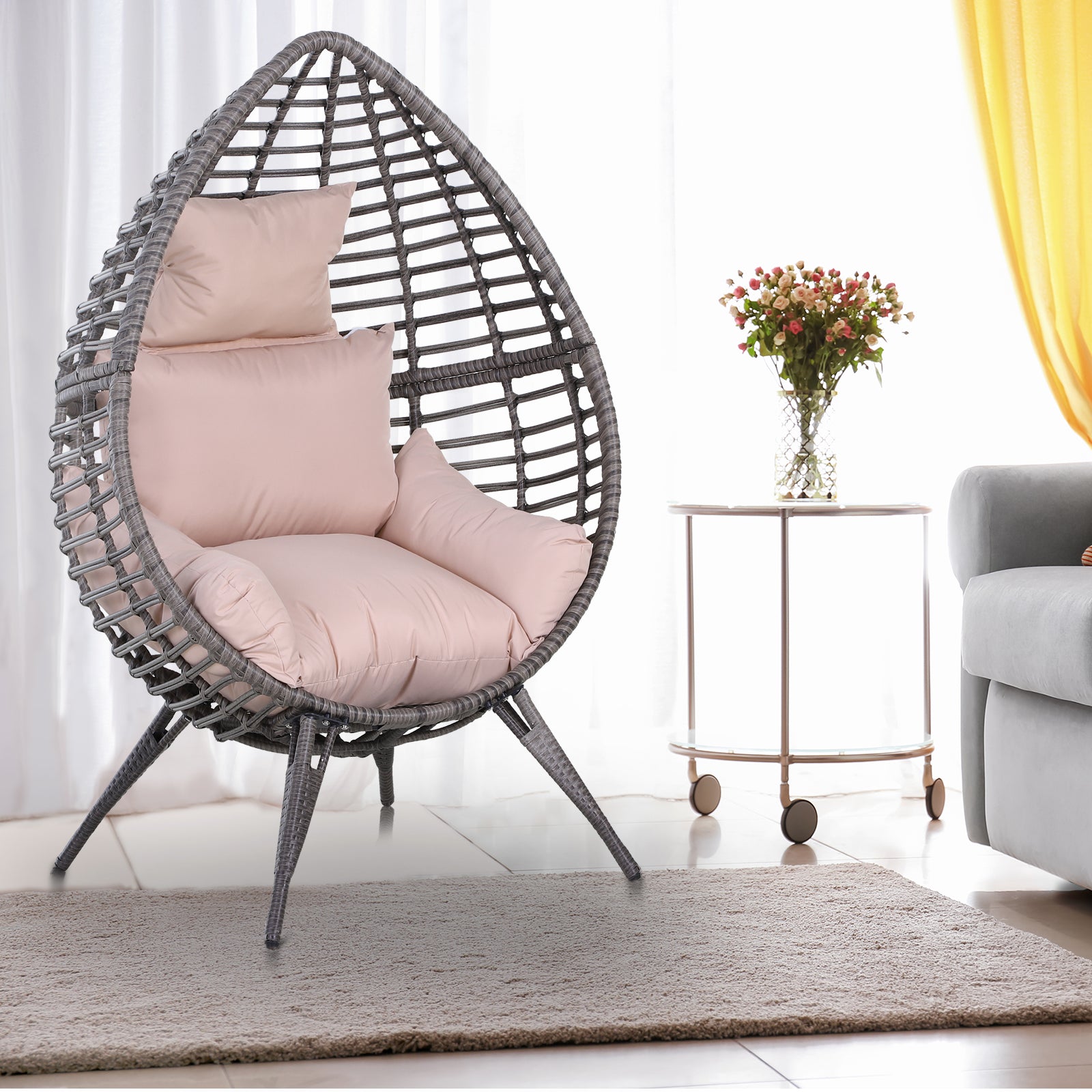 Outsunny Outdoor Egg Chair, PE Rattan Teardrop Chair with Full-body Soft Padded Cushion, Grey - North Peak Garden Furniture