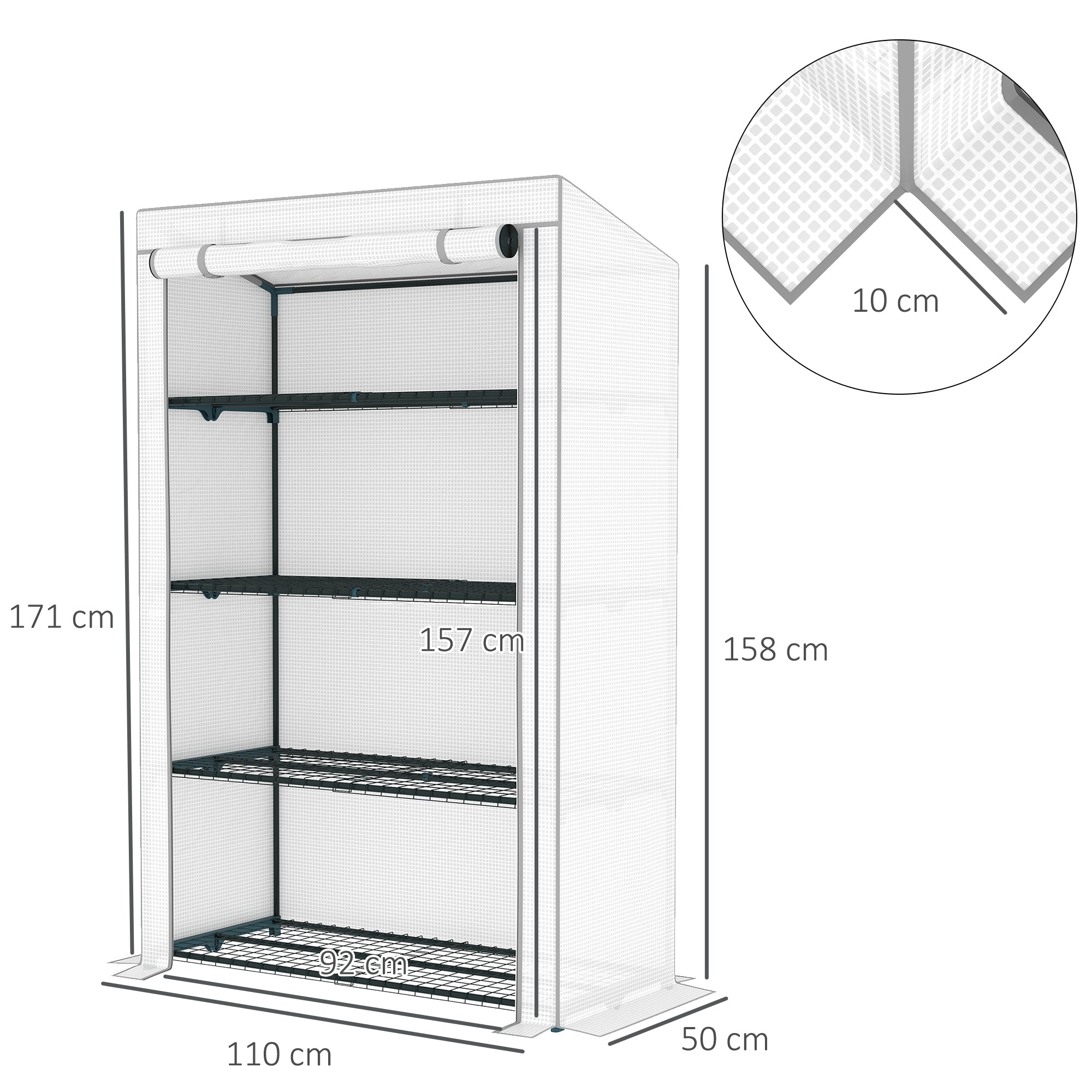 Outsunny 4 Tier Lean-to Mini Greenhouse with Reinforced PE Cover, Portable Small Greenhouse with Roll-Up Door, Grey Hemmed Edging, 110 x 50 x 171cm, Grey