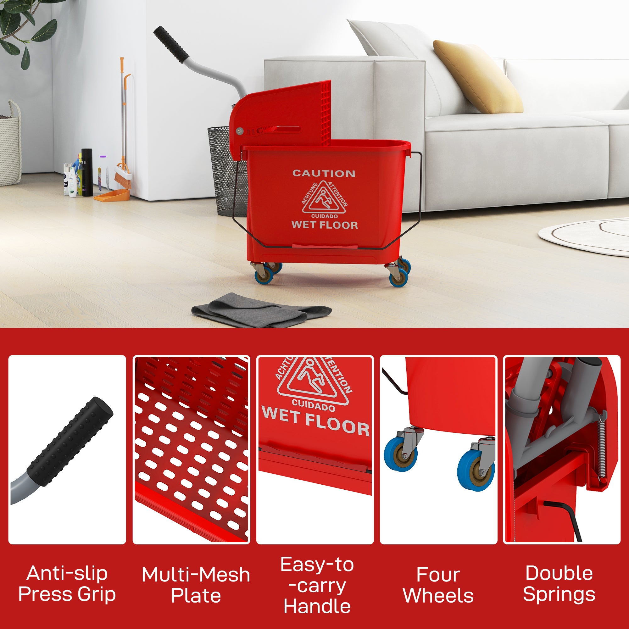 HOMCOM 20L Mop Bucket on Wheels, with Water Separation Panel - Red - North Peak Garden Furniture