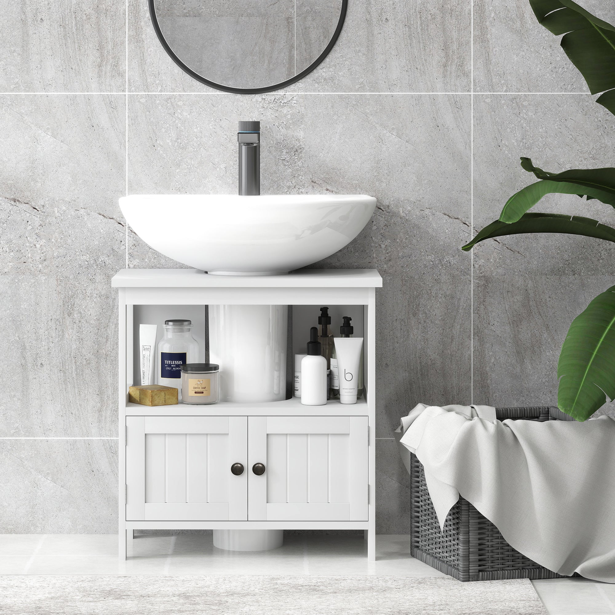 kleankin Pedestal Under Sink Cabinet with Double Doors, Modern Bathroom Vanity Storage Unit with Shelves, White - North Peak Garden Furniture