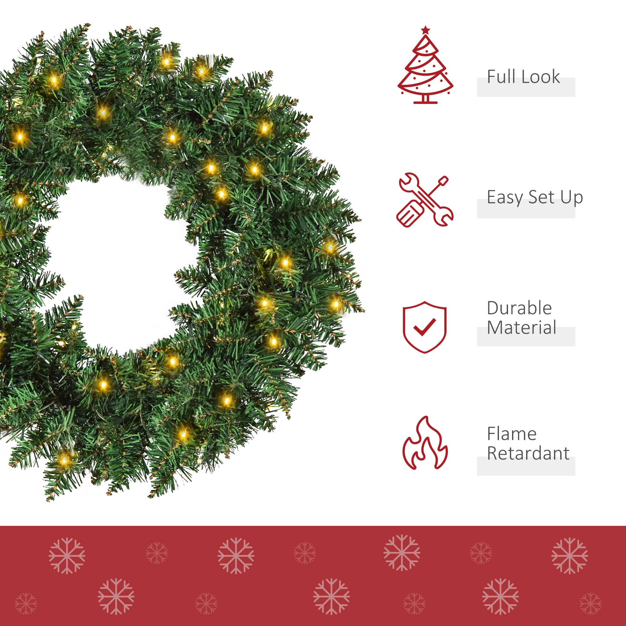 HOMCOM 55CM Pre-lit Christmas Wreath with 50 Warm White LED Ideal Xmas Artificial Door Decoration - North Peak Garden Furniture