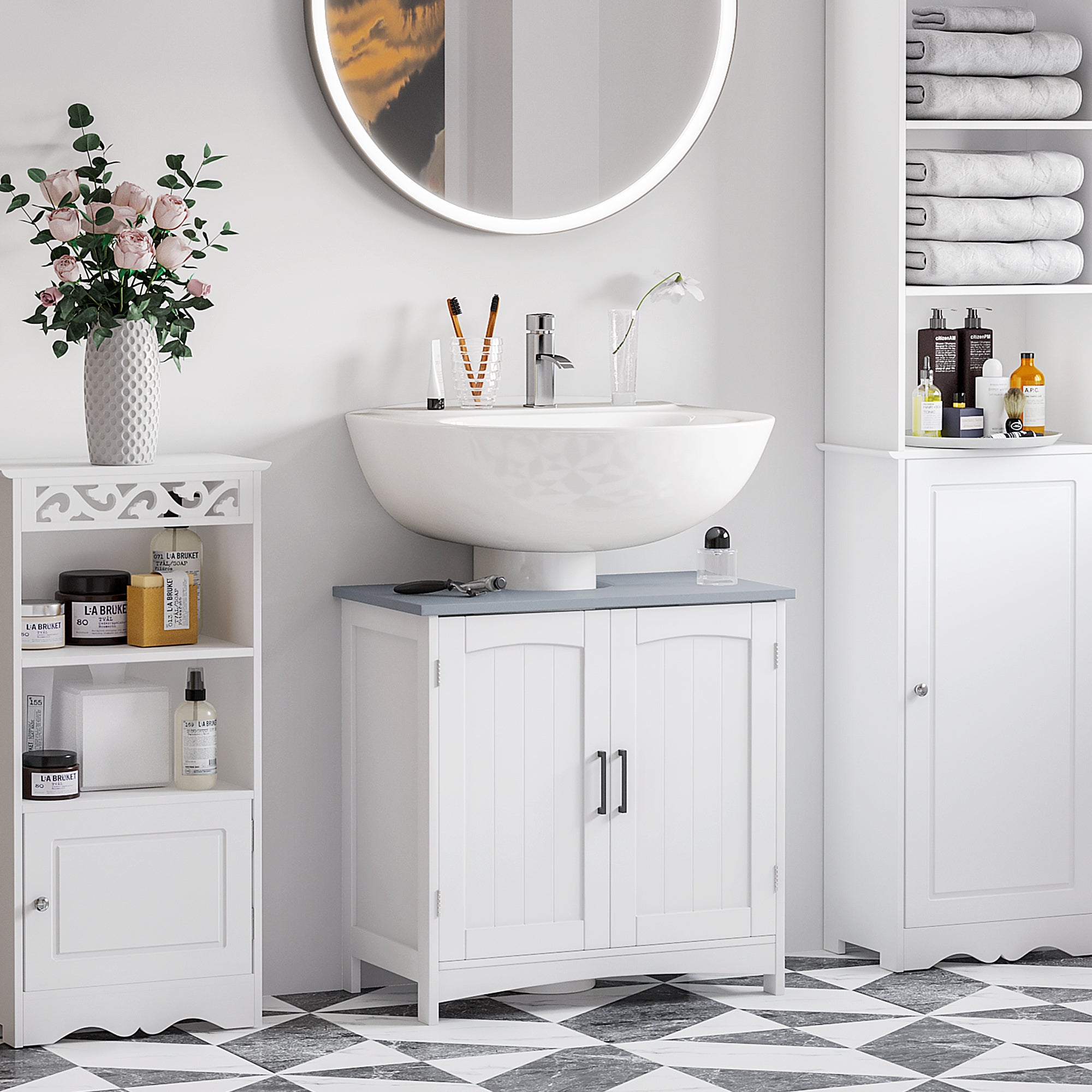 kleankin Pedestal Under Sink Cabinet with Double Doors, Modern Bathroom Vanity Unit, Storage Cupboard with Adjustable Shelves, White - North Peak Garden Furniture