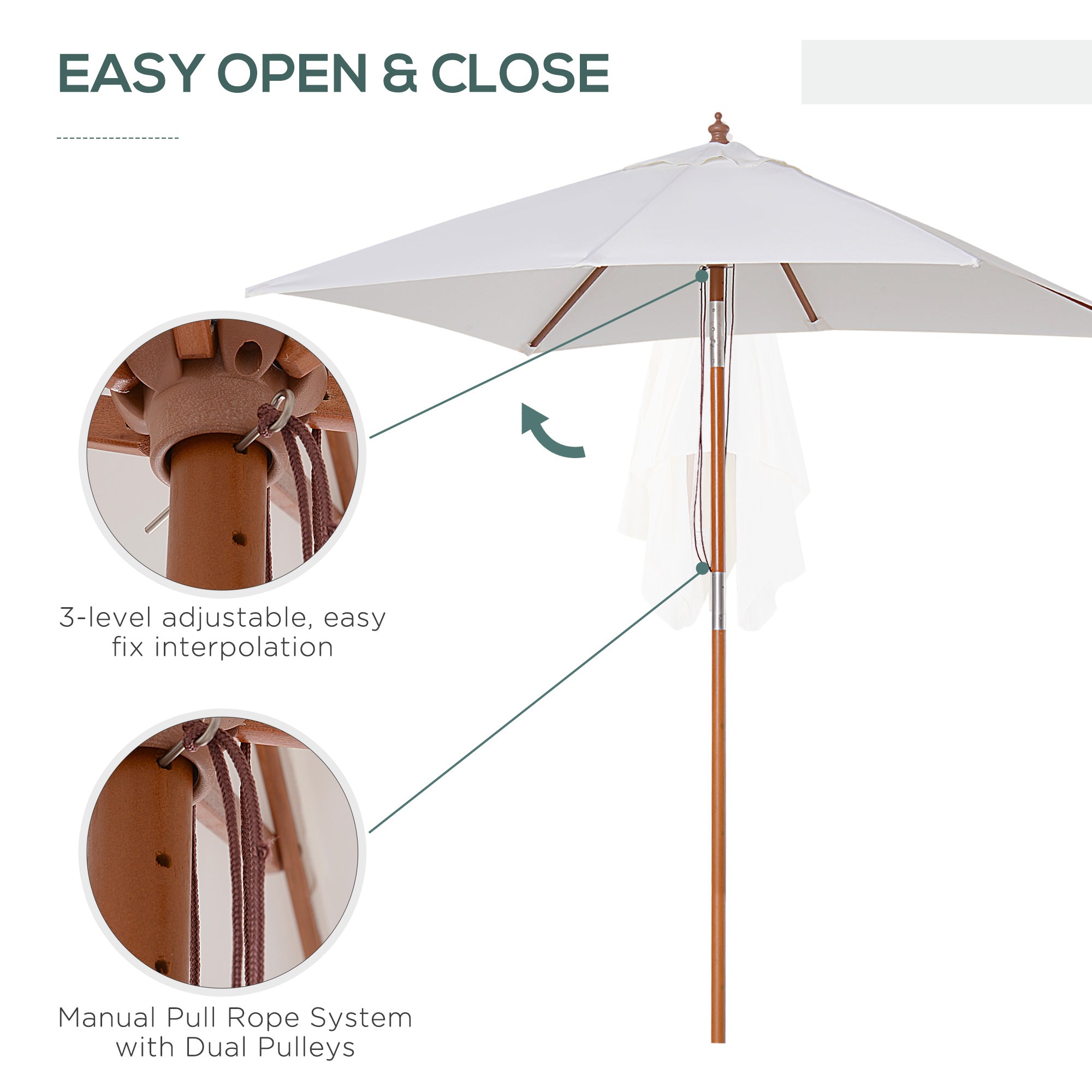 Outsunny Garden Parasol, 2m x 1.5m, Fir Wooden Pole, 6 Ribs, Tilt Mechanism, Sunshade Canopy, Cream White