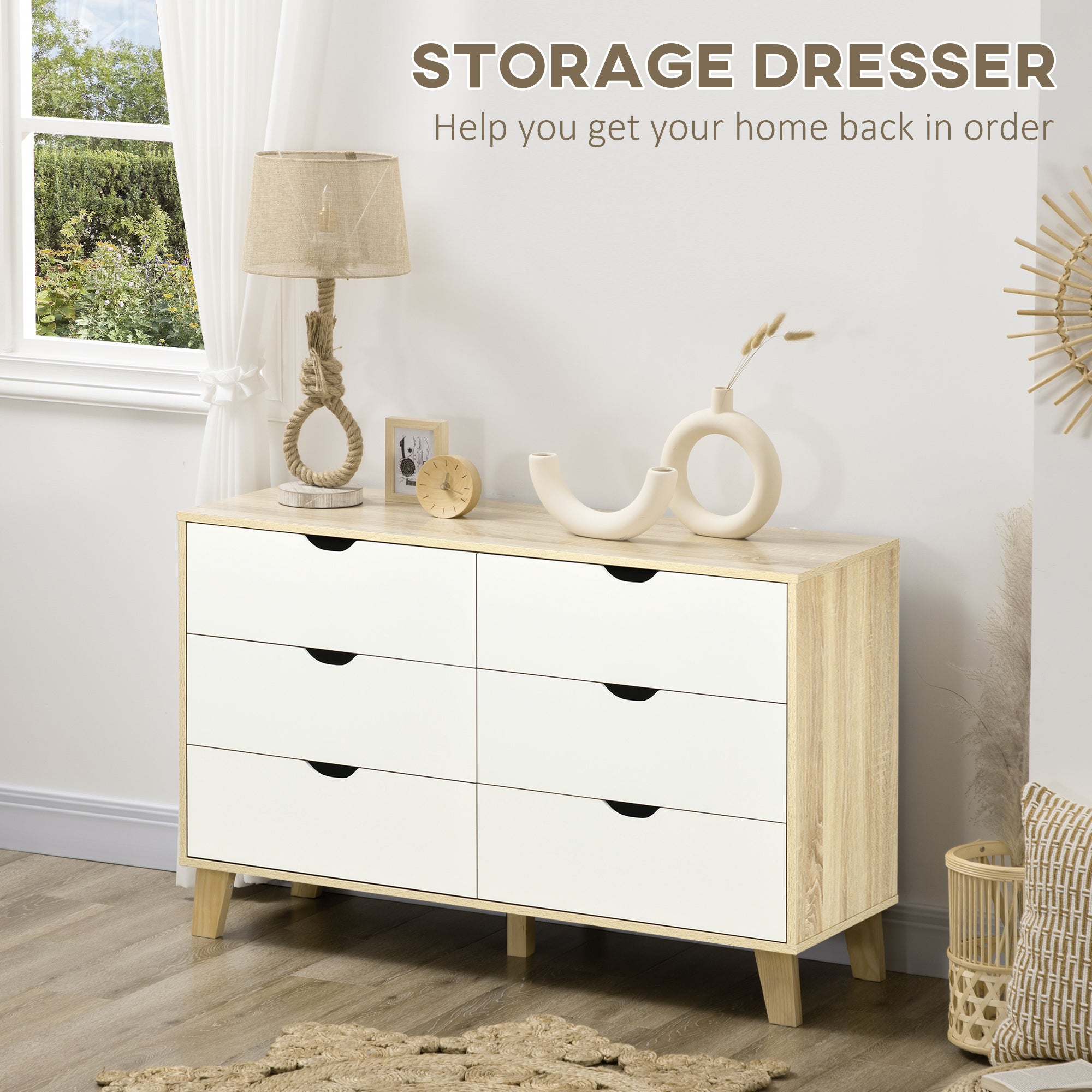 HOMCOM Bedroom Chest of Drawers, Wide 6-Drawer Dresser, Storage Drawer Unit with Wood Legs for Living Room, White and Light Brown - North Peak Garden Furniture