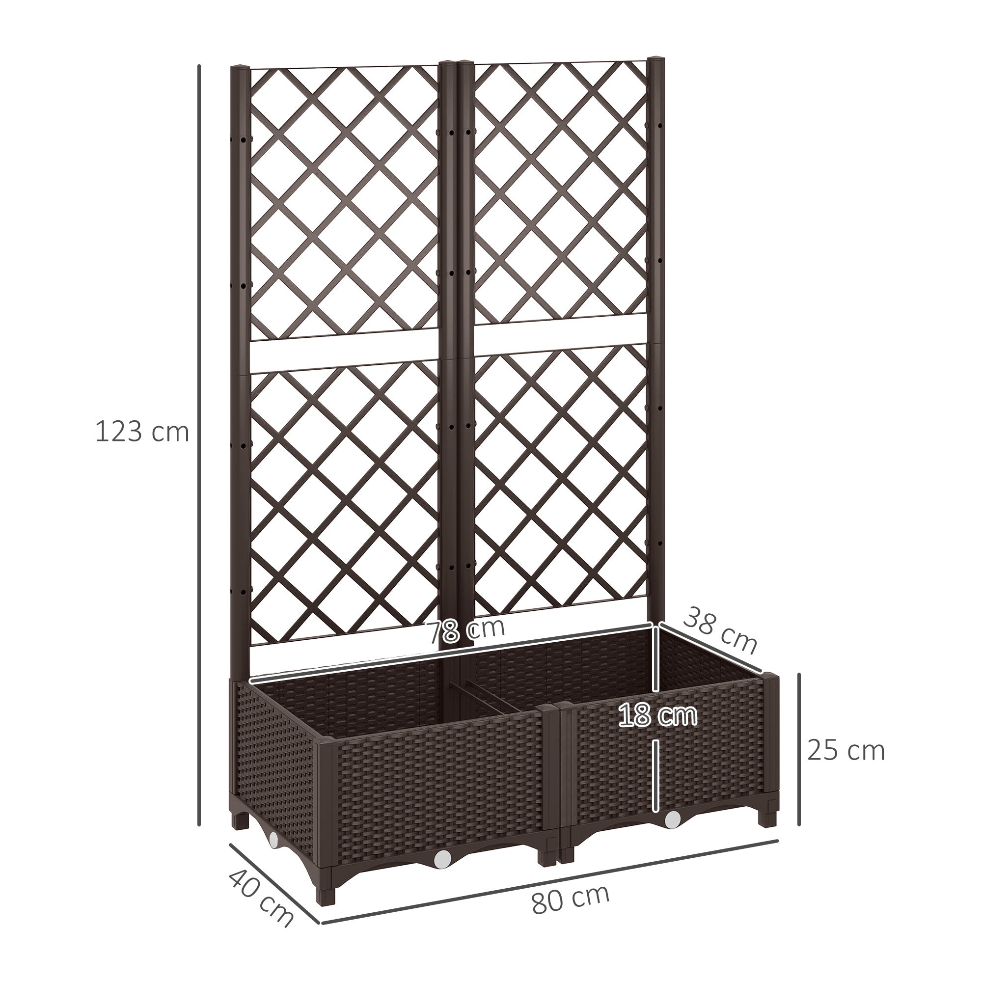 Outsunny Raised Garden Bed with Trellis, Plastic Planter Box with Drainage Holes, Drain Plugs and Water Reservoirs for Climbing Plants, Vegetables, Flowers, Brown