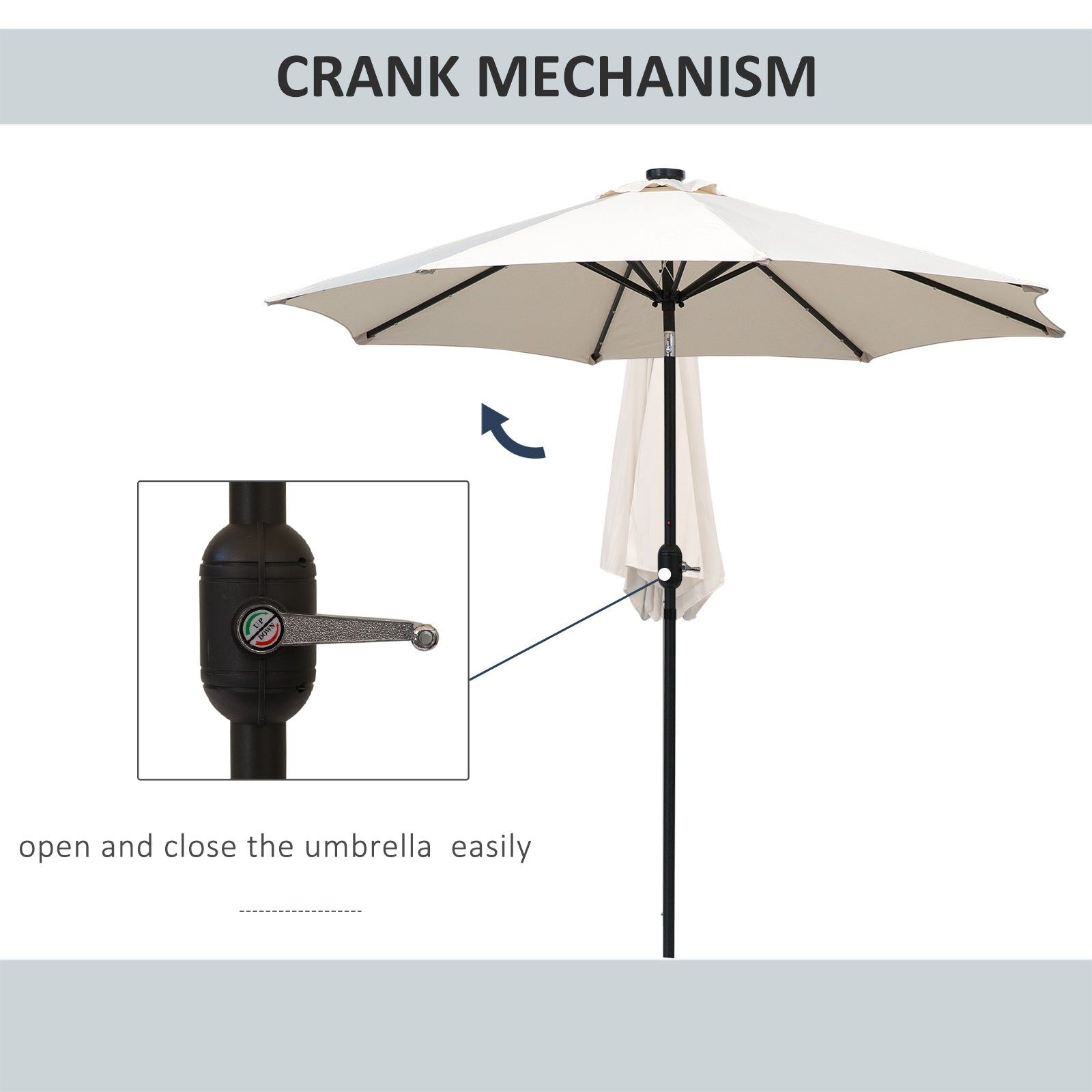 Outsunny 2.7m Patio Garden Umbrella Outdoor Parasol with Tilt Crank and 24 LEDs Lights (Cream) - North Peak Garden Furniture