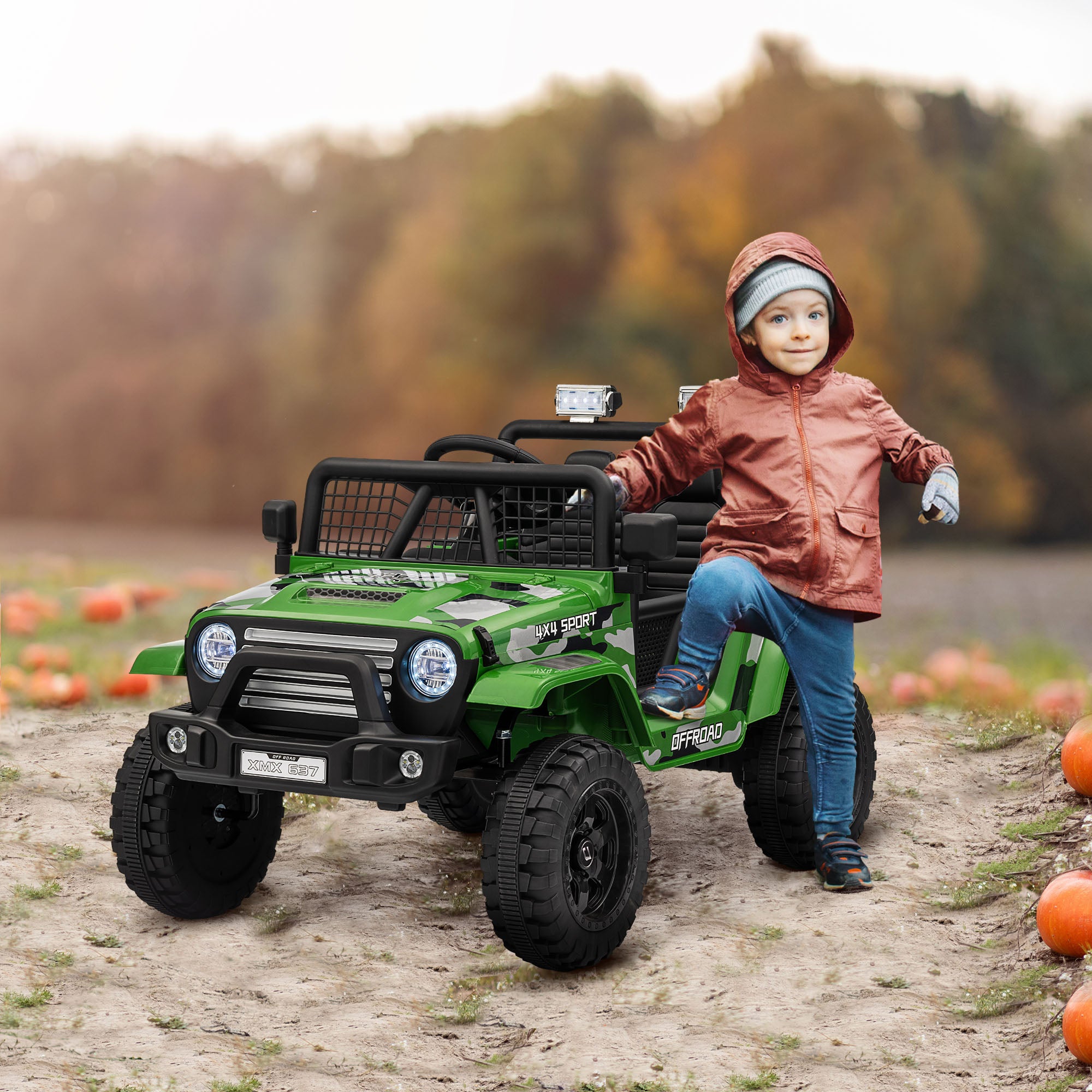 AIYAPLAY 12V Battery Powered Kids Ride On Car, Electric Truck w/ Spring Suspension, Remote, Music Horn Lights - Green - North Peak Garden Furniture