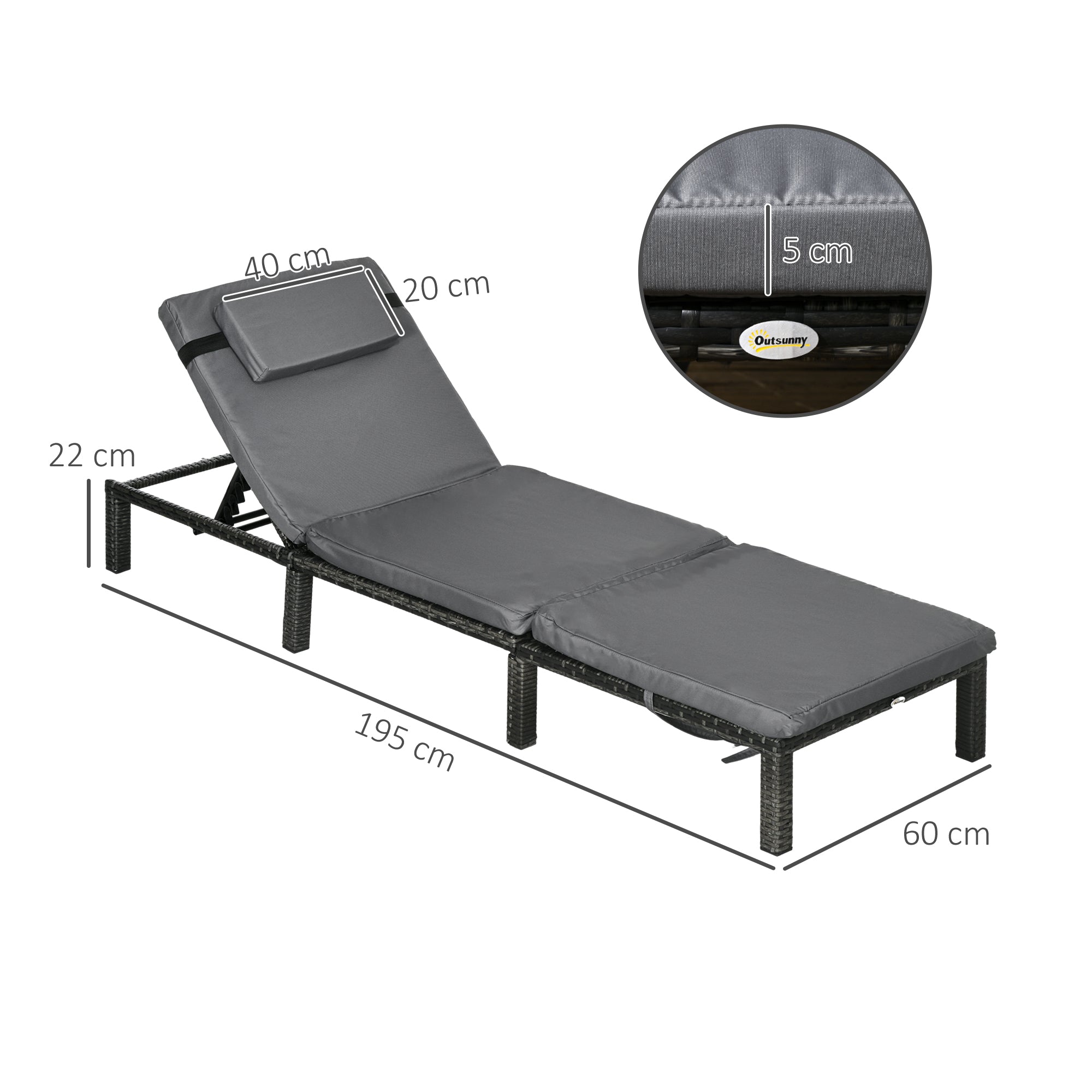 Outsunny Set of Two Reclining Rattan Sun Loungers, with Cushions - Grey - North Peak Garden Furniture