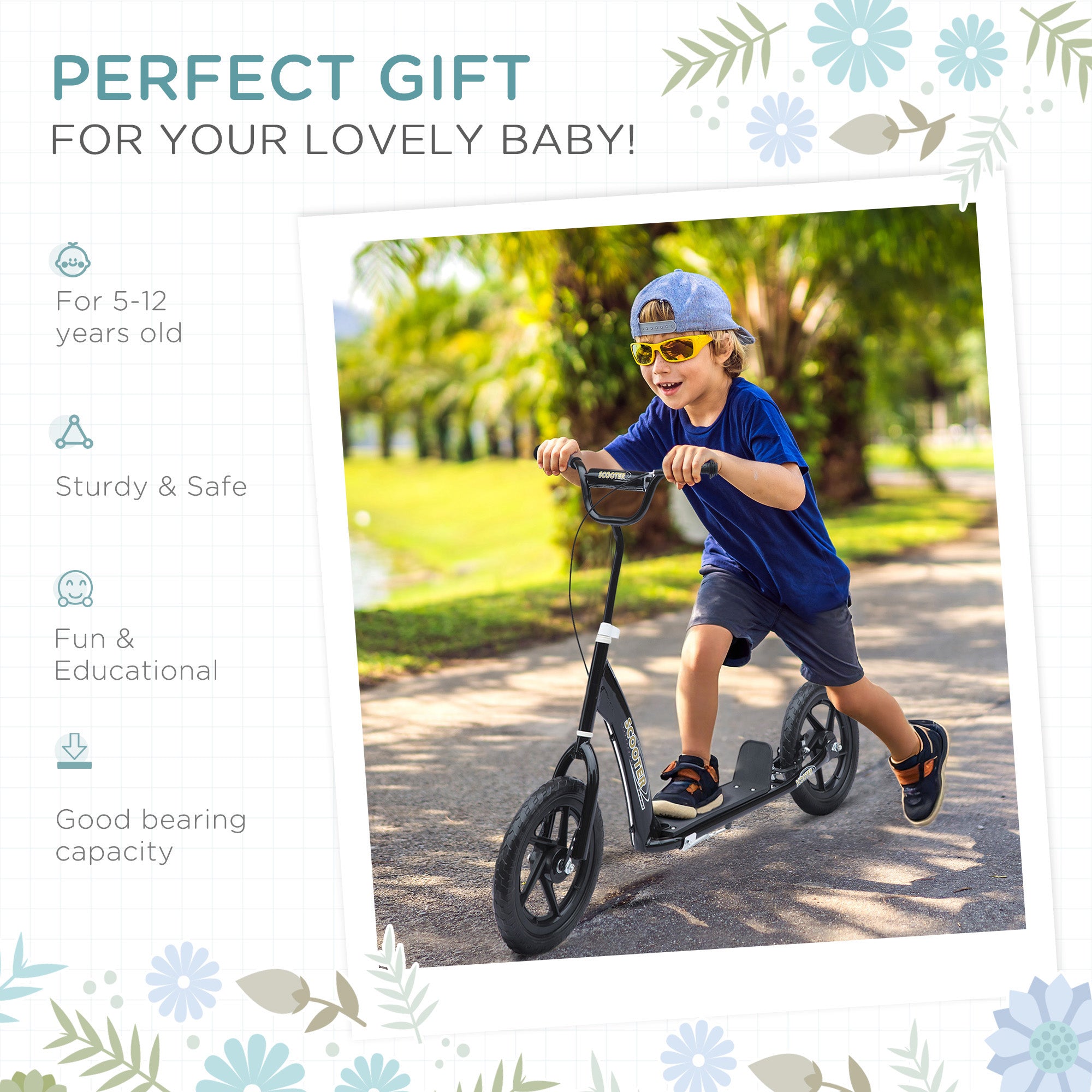 HOMCOM Teen Push Scooter Kids Children Stunt Scooter w/ 12" EVA Tyres, Black