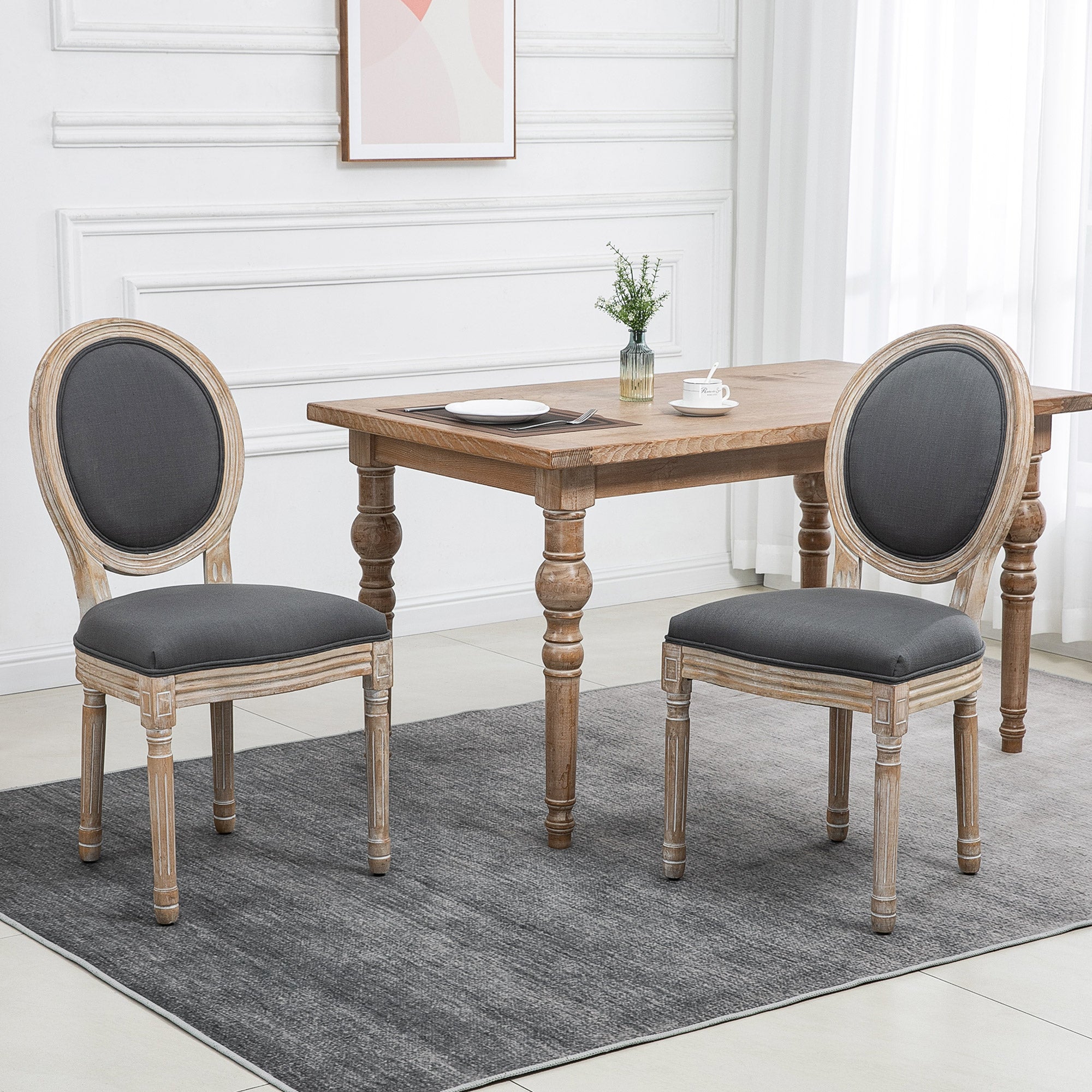 HOMCOM Set of Two French-Inspired Wooden Dining Chairs - Grey - North Peak Garden Furniture