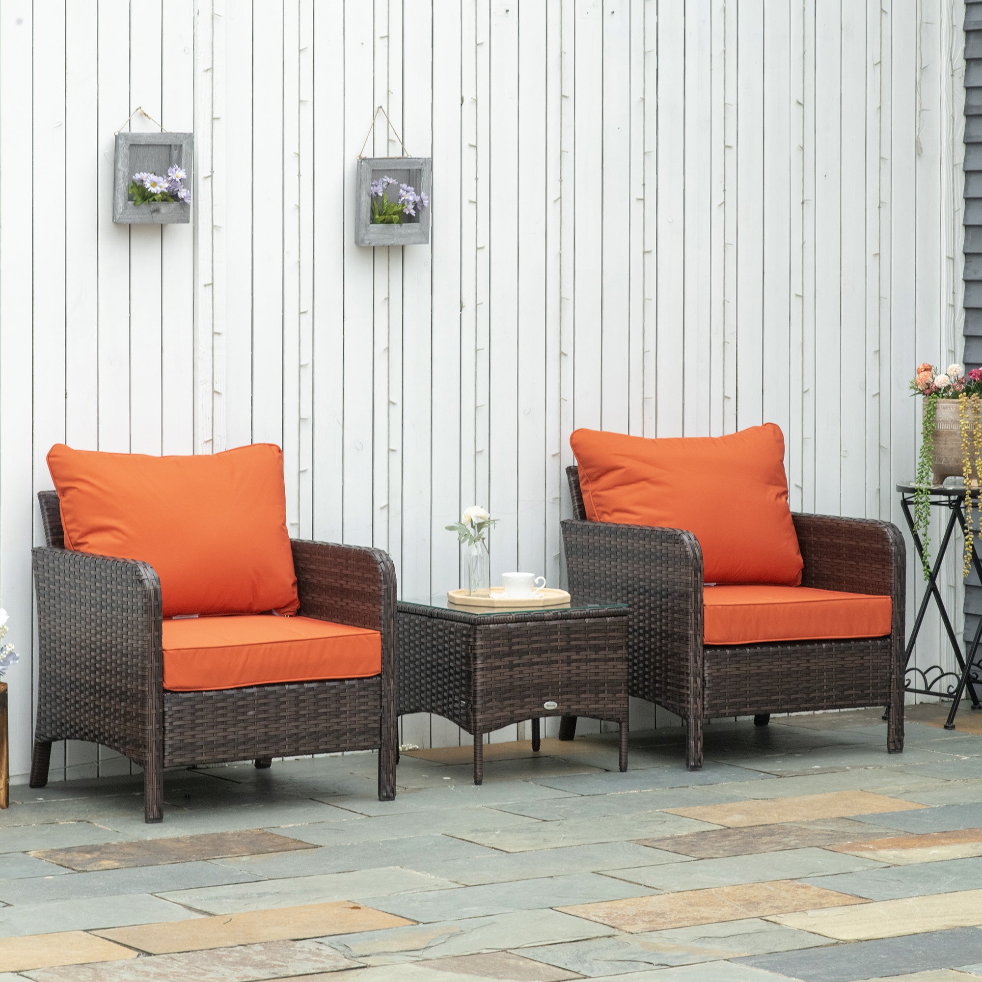 Outsunny 5 Pieces PE Rattan Garden Furniture Set with 10cm Thick Padded Cushions, Wicker Weave Outdoor Seating Chairs with 2 Armchairs, 2 Stools, Glass Top Table, Brown - North Peak Garden Furniture