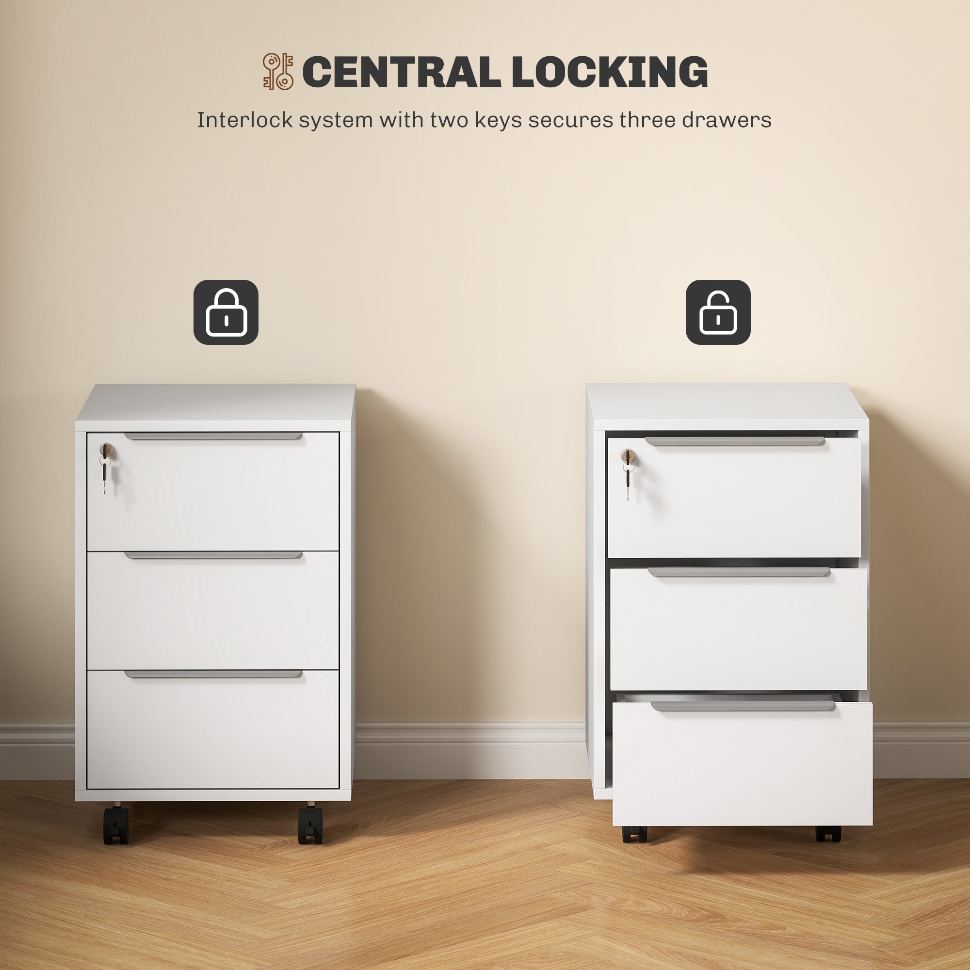 HOMCOM Three-Drawer Locking Filing Cabinet - White - North Peak Garden Furniture