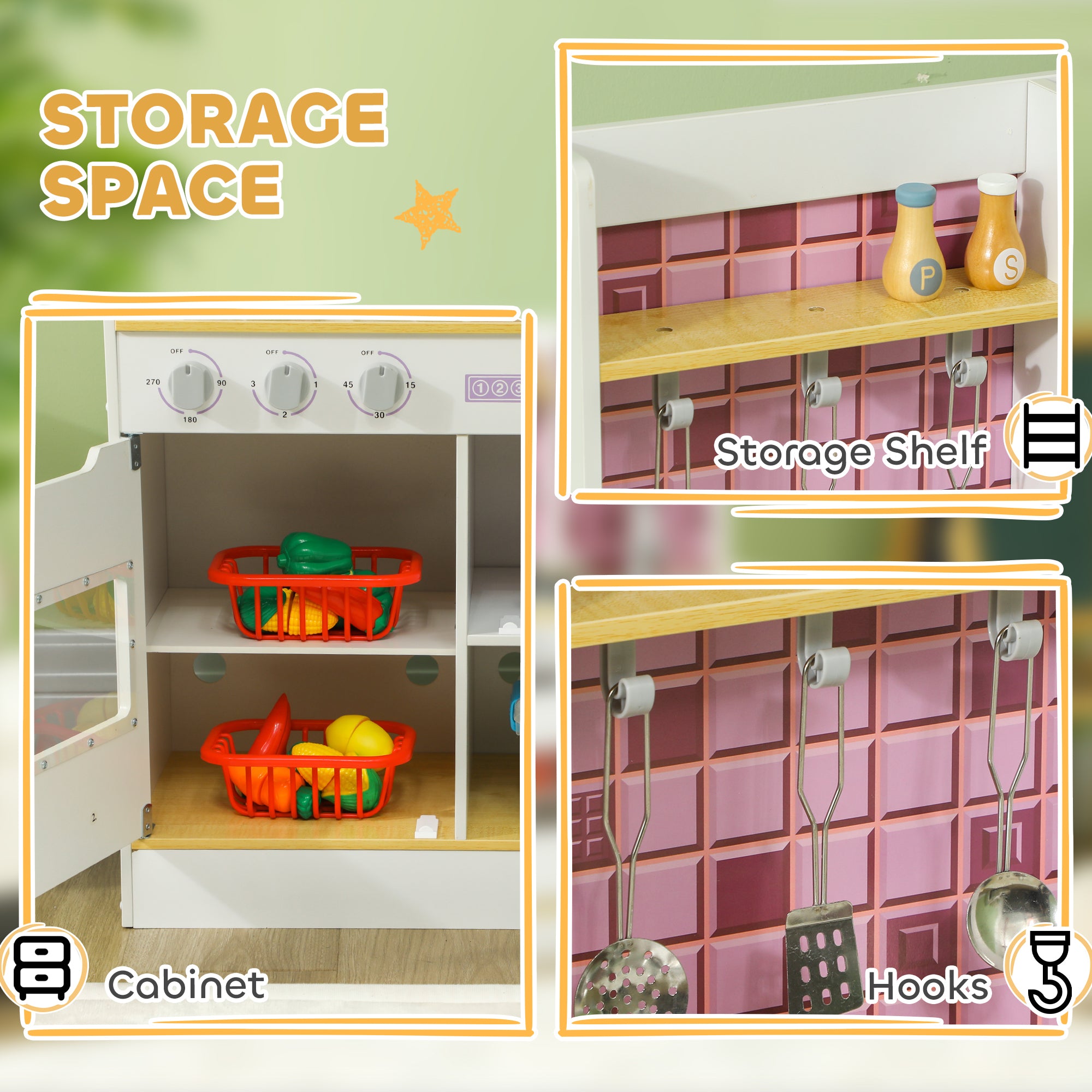 AIYAPLAY Kids Play Kitchen, Pretend Play Kitchen with Realistic Oven, Stove, Sink, Kitchen Accessories, White - North Peak Garden Furniture