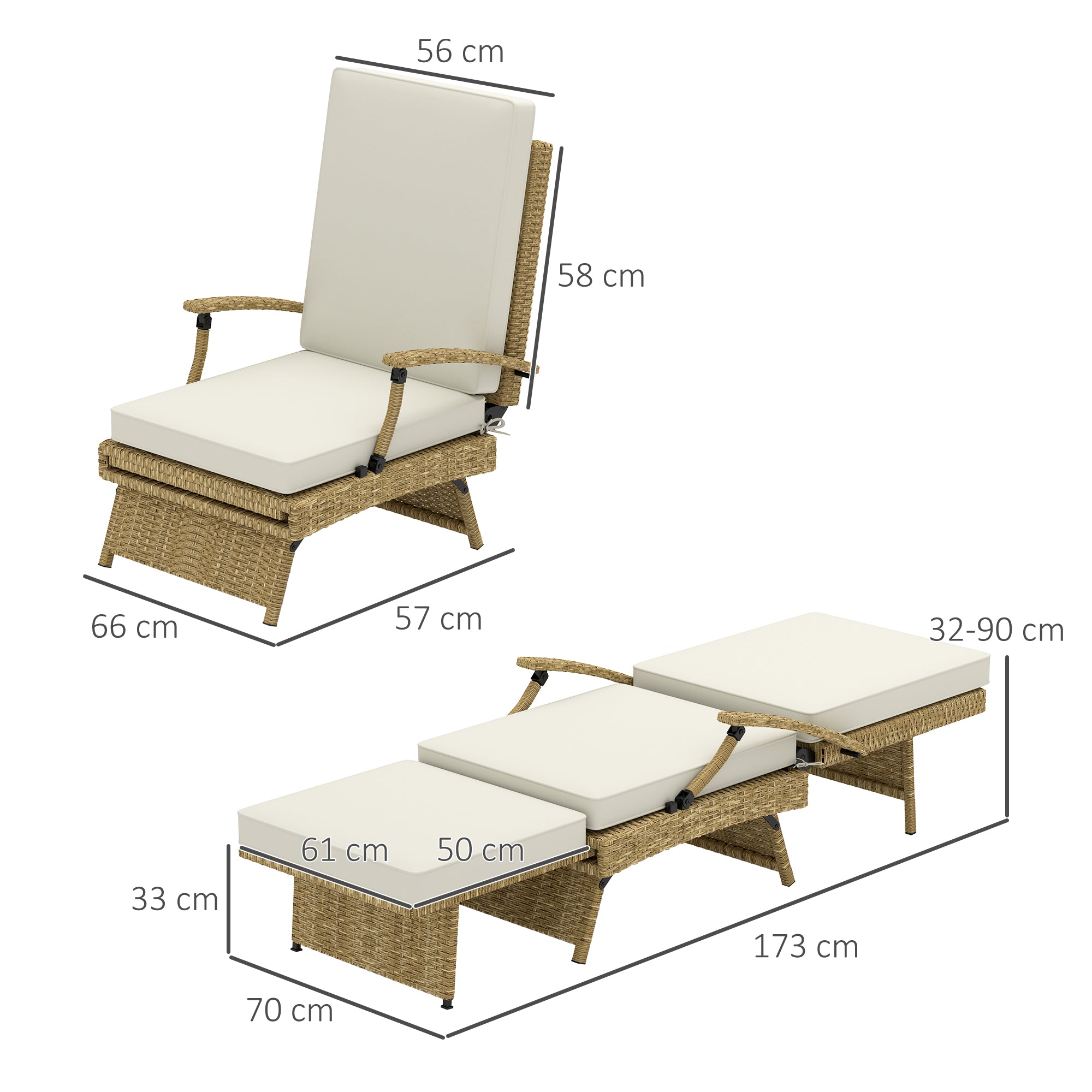 Outsunny 80° Reclining Rattan Lounger - White/Beige - North Peak Garden Furniture