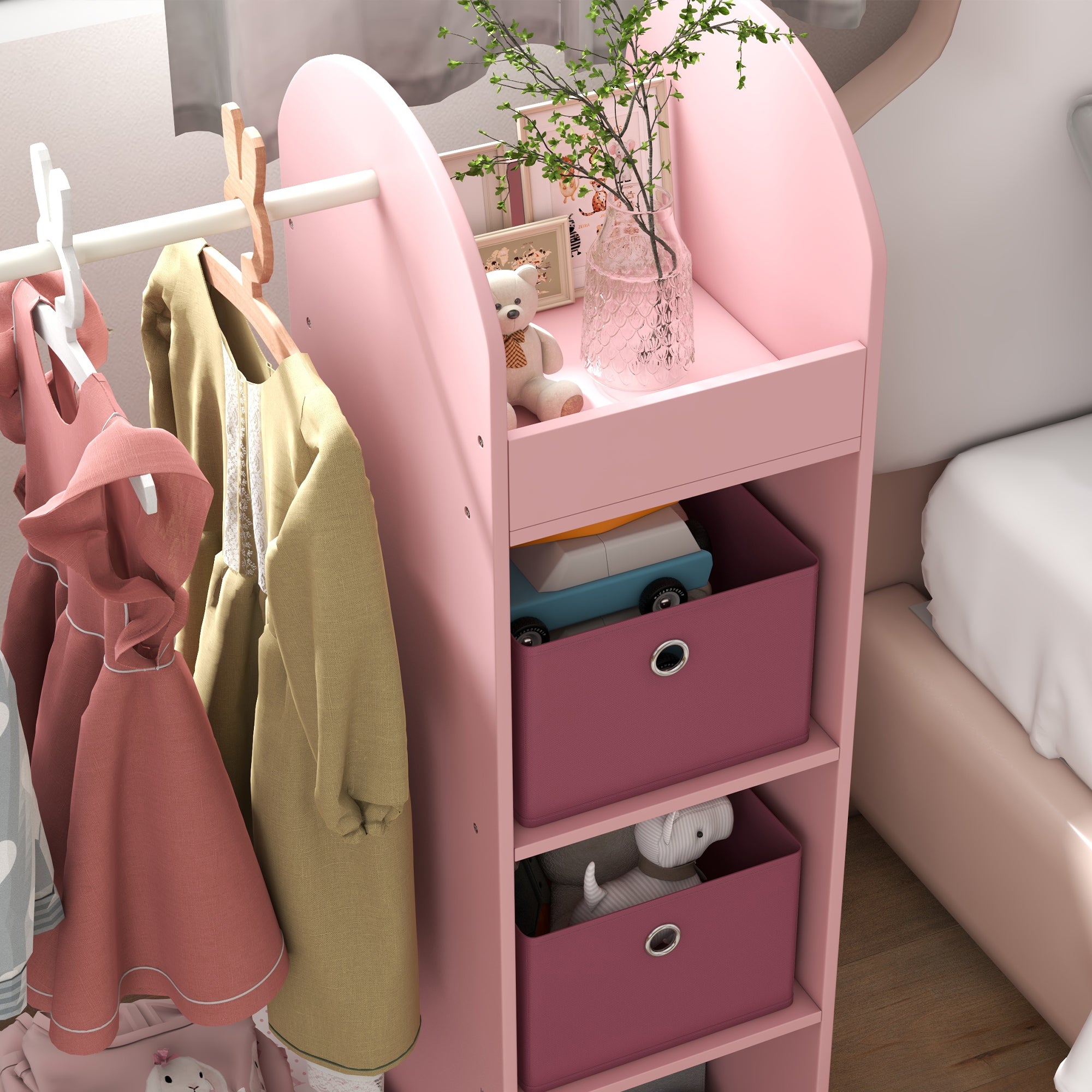 AIYAPLAY Kids Clothes Rail with Storage Shelf, Boxes, Mirror for Bedroom, Nursery, Pink - North Peak Garden Furniture