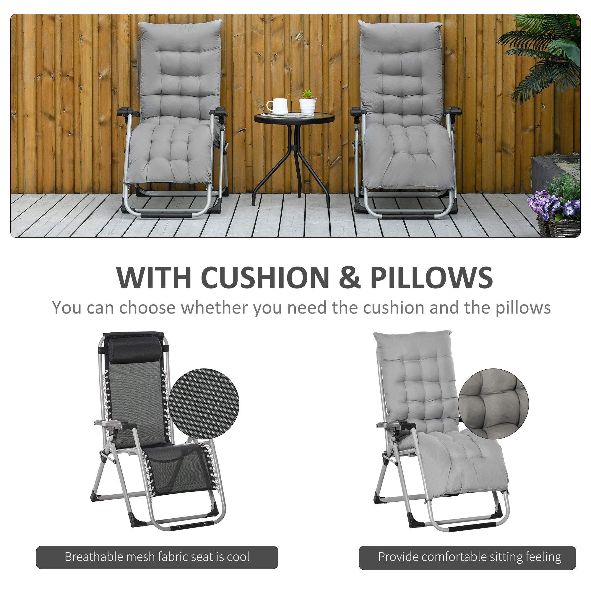 Outsunny 2 Piece Reclining Zero Gravity Chair Metal Frame Folding Garden Sun Lounger with Cushion Headrest, Light Grey - North Peak Garden Furniture
