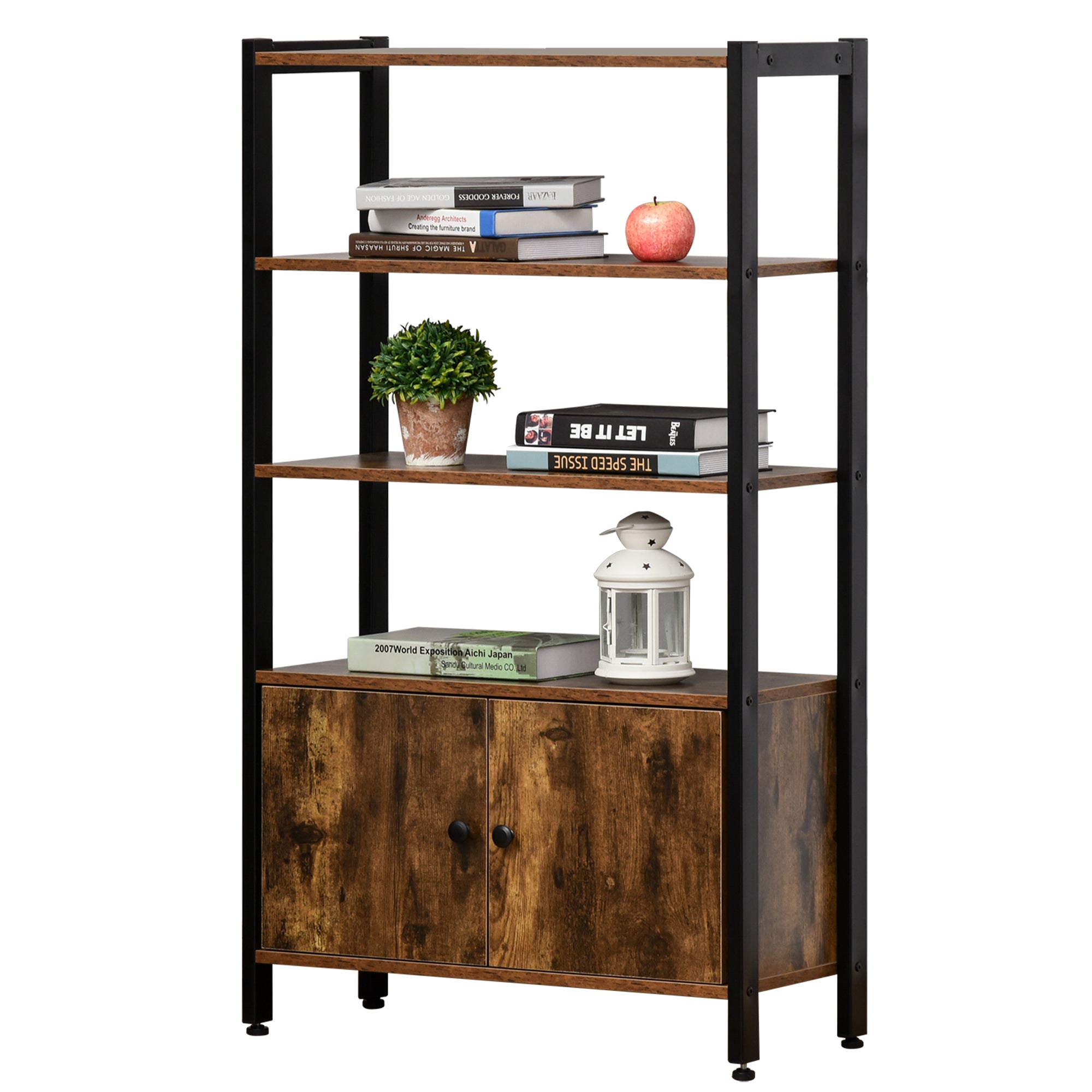 HOMCOM Industrial Bookshelf, Storage Cabinet with 3-Tier with Doors, for Home Office, Living Room Rustic Brown