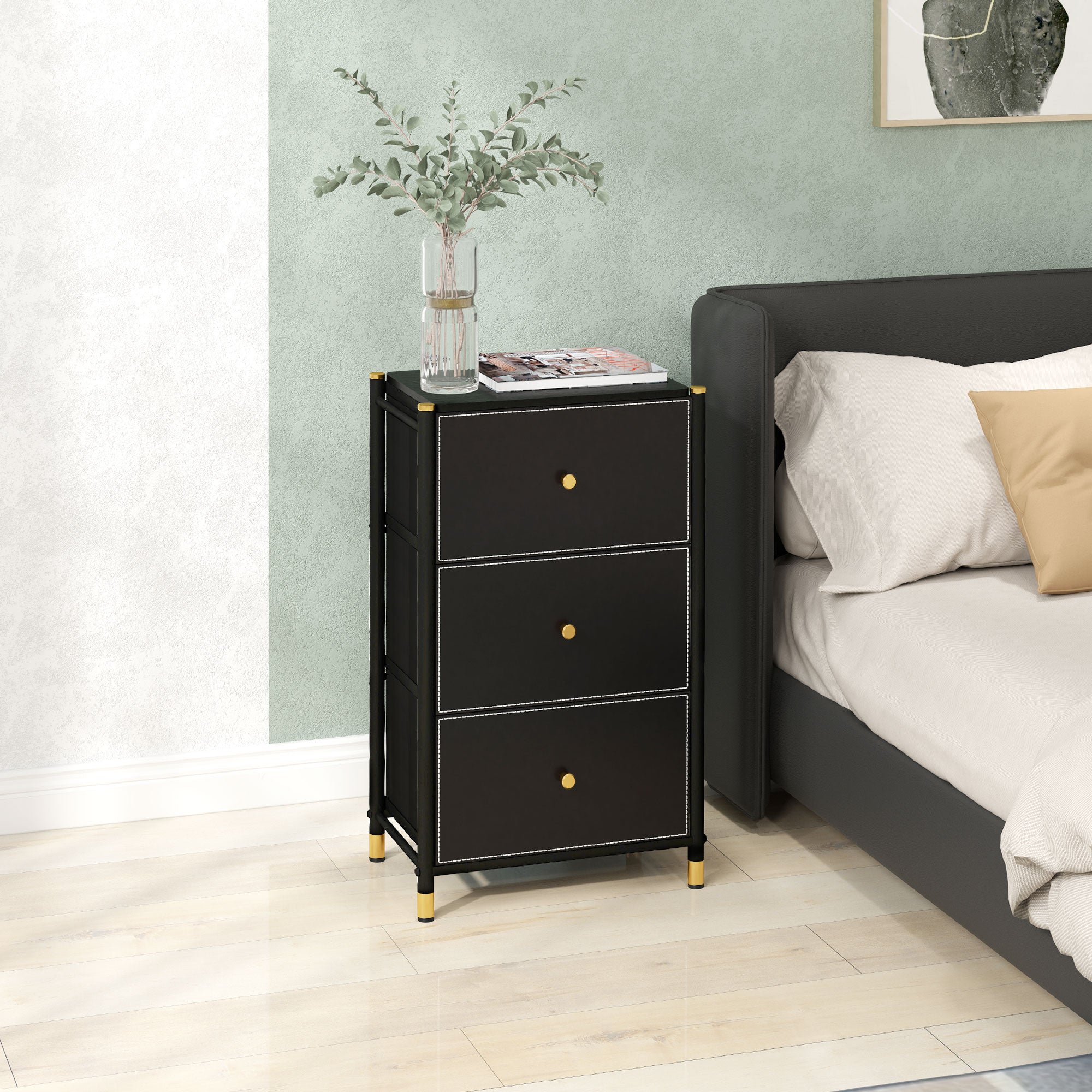 HOMCOM Faux Leather Front Chest of Three Drawers - Black - North Peak Garden Furniture