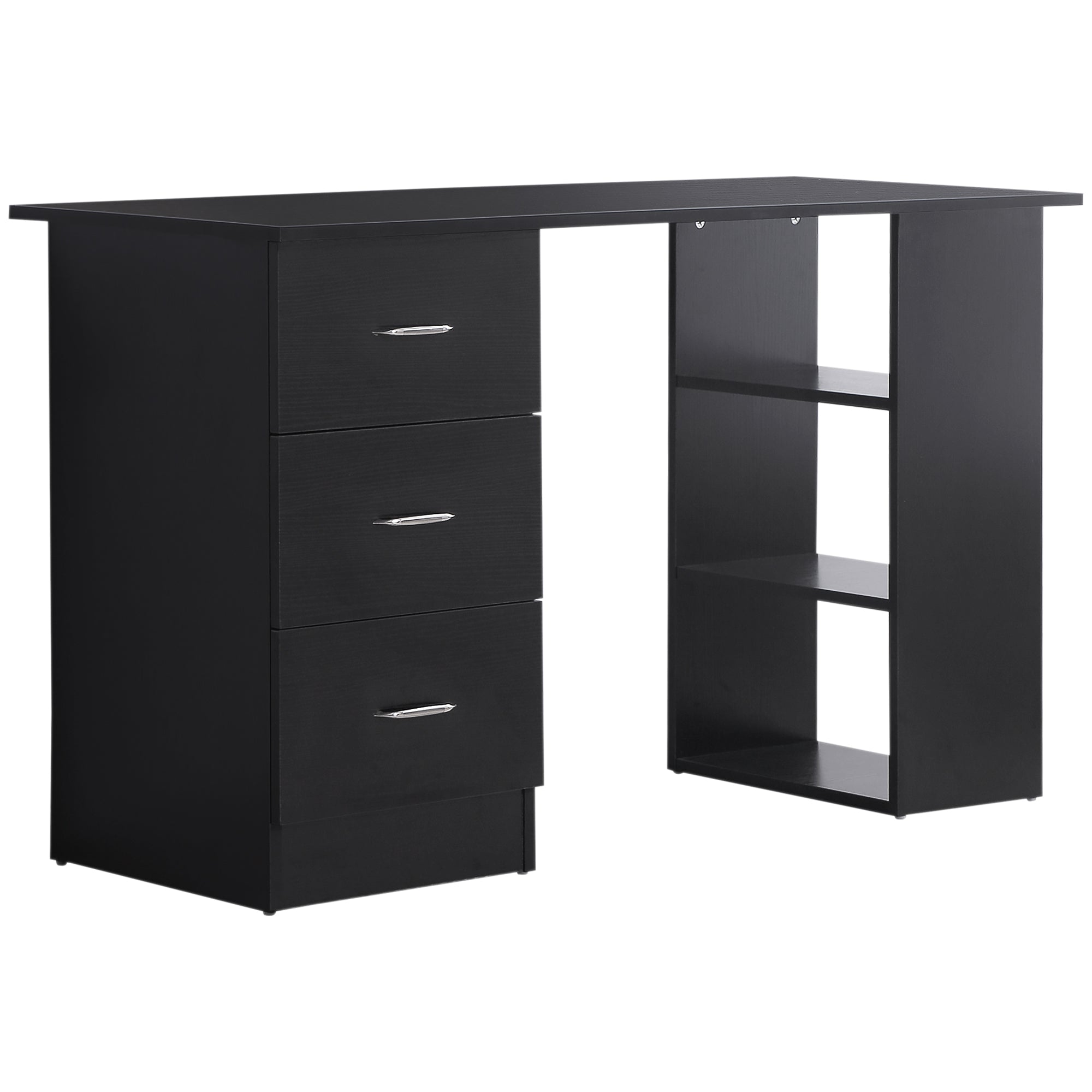 HOMCOM Computer Desk, Writing Table, PC Workstation with 3 Storage Shelves and Drawers, Silver Handle, for Home Office, Black - North Peak Garden Furniture