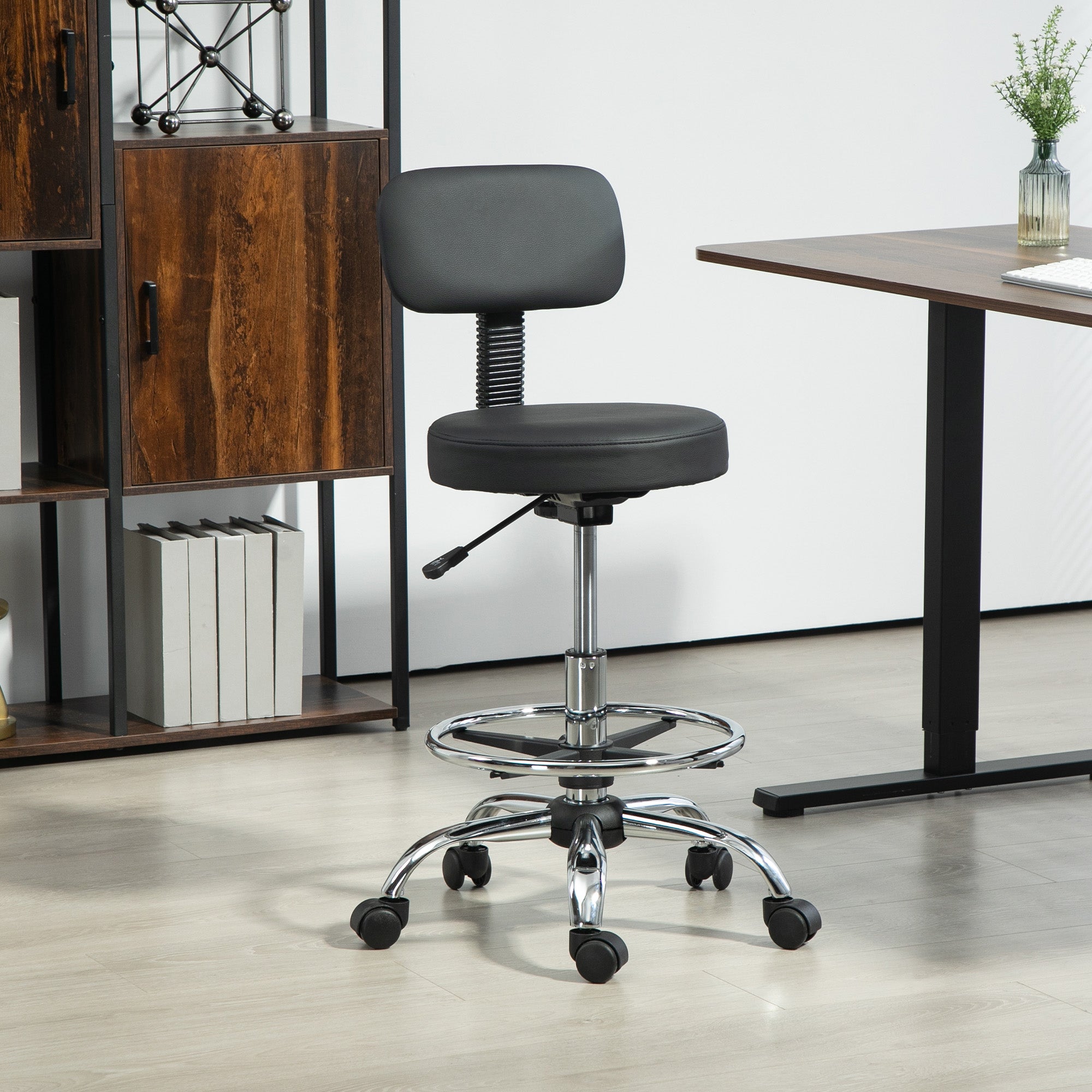 HOMCOM Draughtsman Chair, Faux Leather Height Adjustable Stool with Footrest, 360° Swivel Chair for Study and Bedroom, Black - North Peak Garden Furniture
