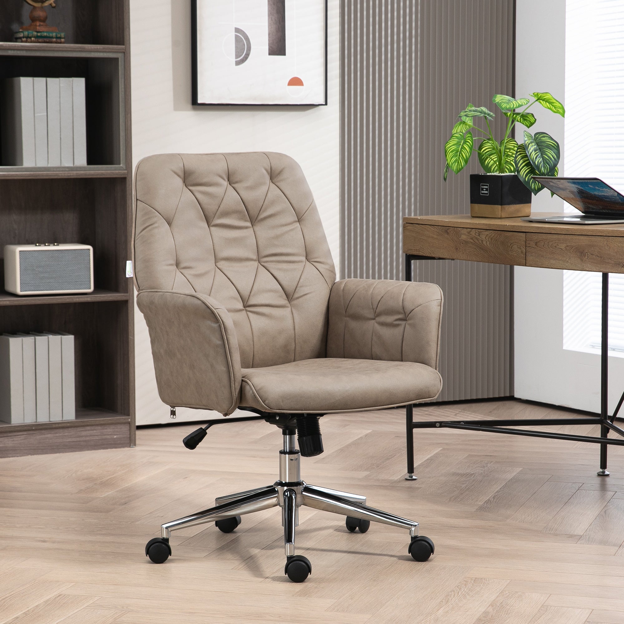 Vinsetto Microfibre Computer Chair with Armrest, Modern Swivel Chair with Adjustable Height, Khaki