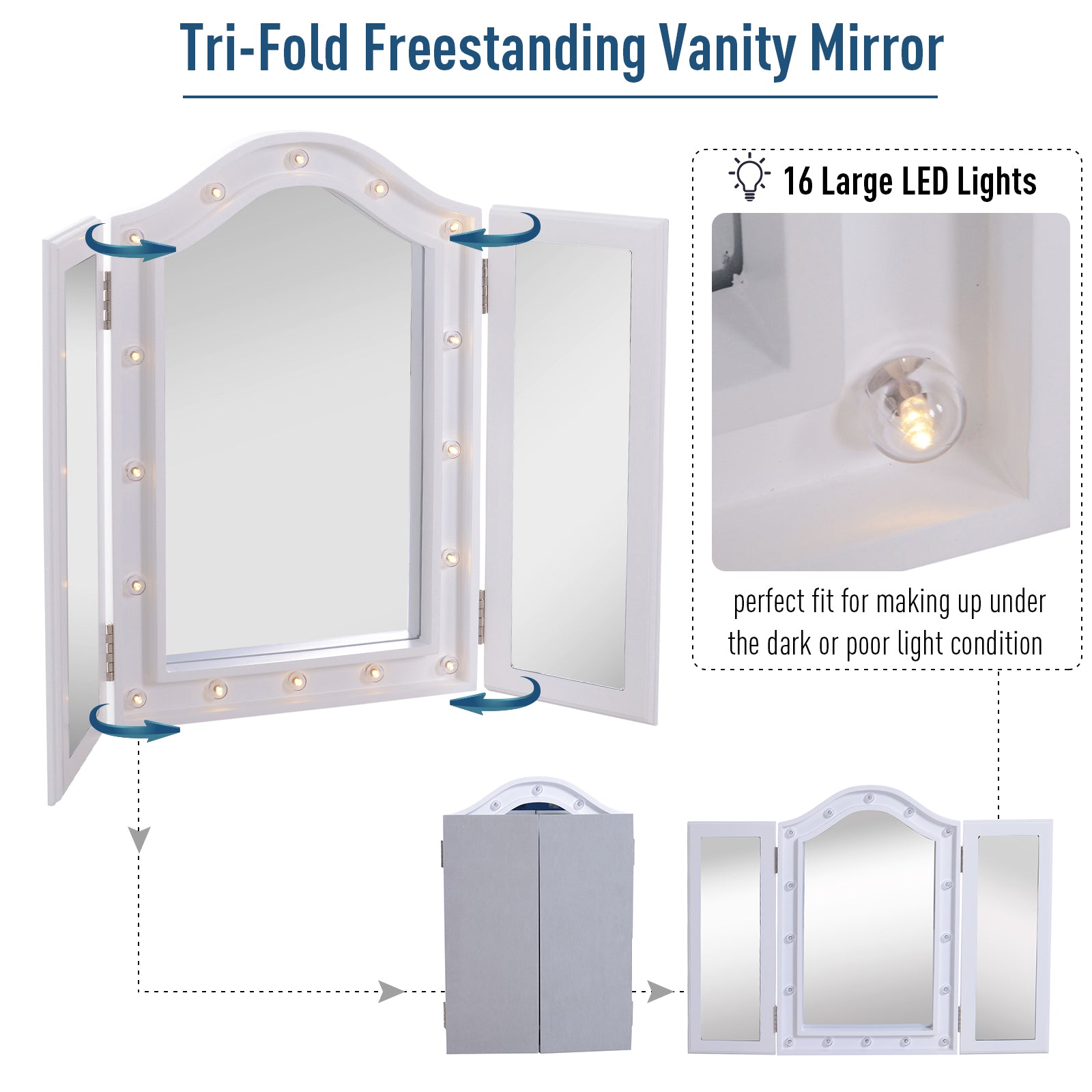 HOMCOM Trifold Freestanding Mirror, Lighted Tabletop Vanity Mirror Large Cosmetic w/16 LED Lights powered by batteries Foldable For Bedroom- White - North Peak Garden Furniture