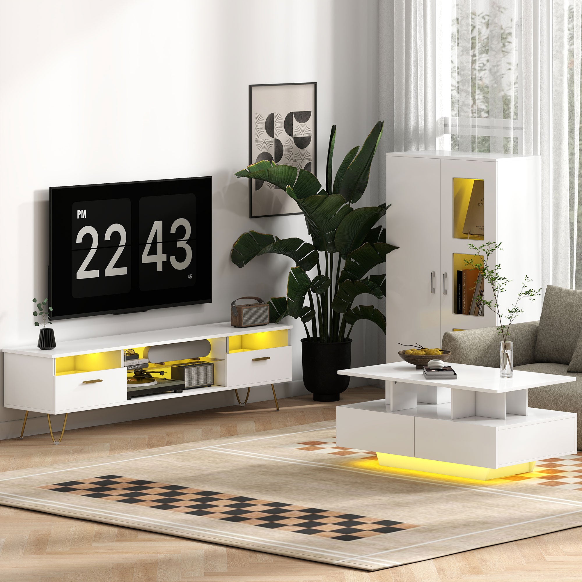 HOMCOM High Gloss Sideboard, Display Cabinet with 16-Colour RGB LED Lights and Remote Control, Modern Storage Cupboard with Glass Doors and Shelves for Living Room, Dining Room, Kitchen, White