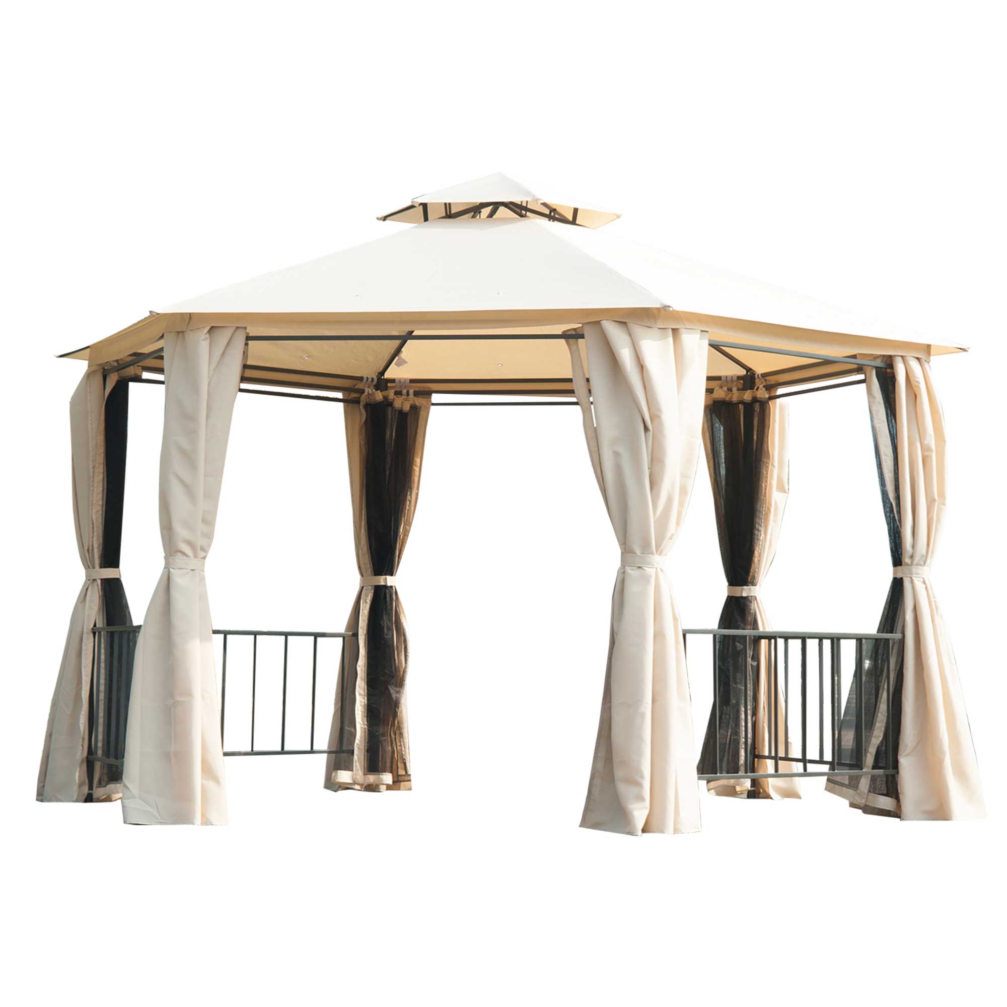 Outsunny 3 x 3(m) Hexagon Gazebo Patio Canopy Party Tent Outdoor Garden Shelter w/ 2 Tier Roof & Side Panel - Beige - North Peak Garden Furniture