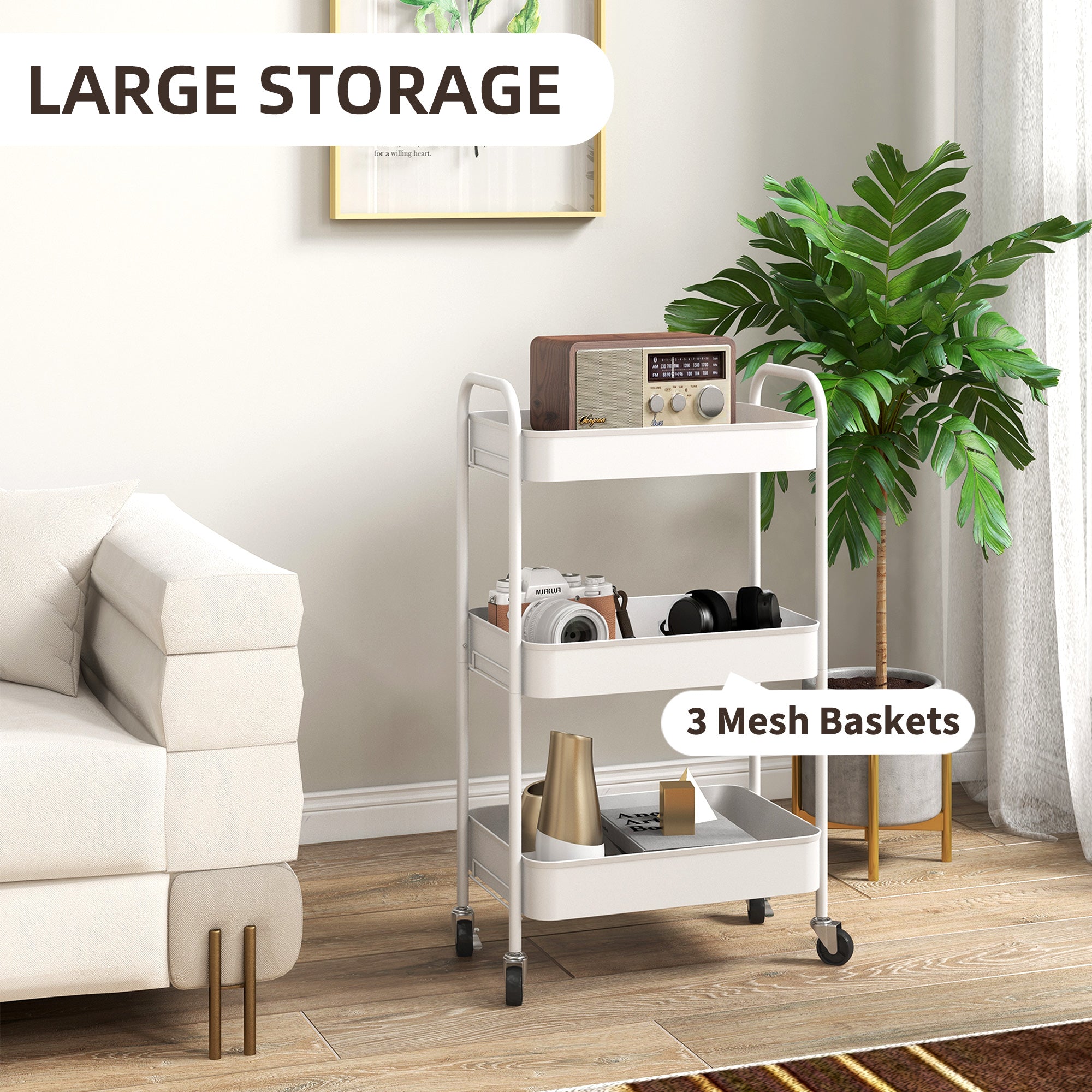 HOMCOM Three-Tier Steel Storage Trolley - White - North Peak Garden Furniture
