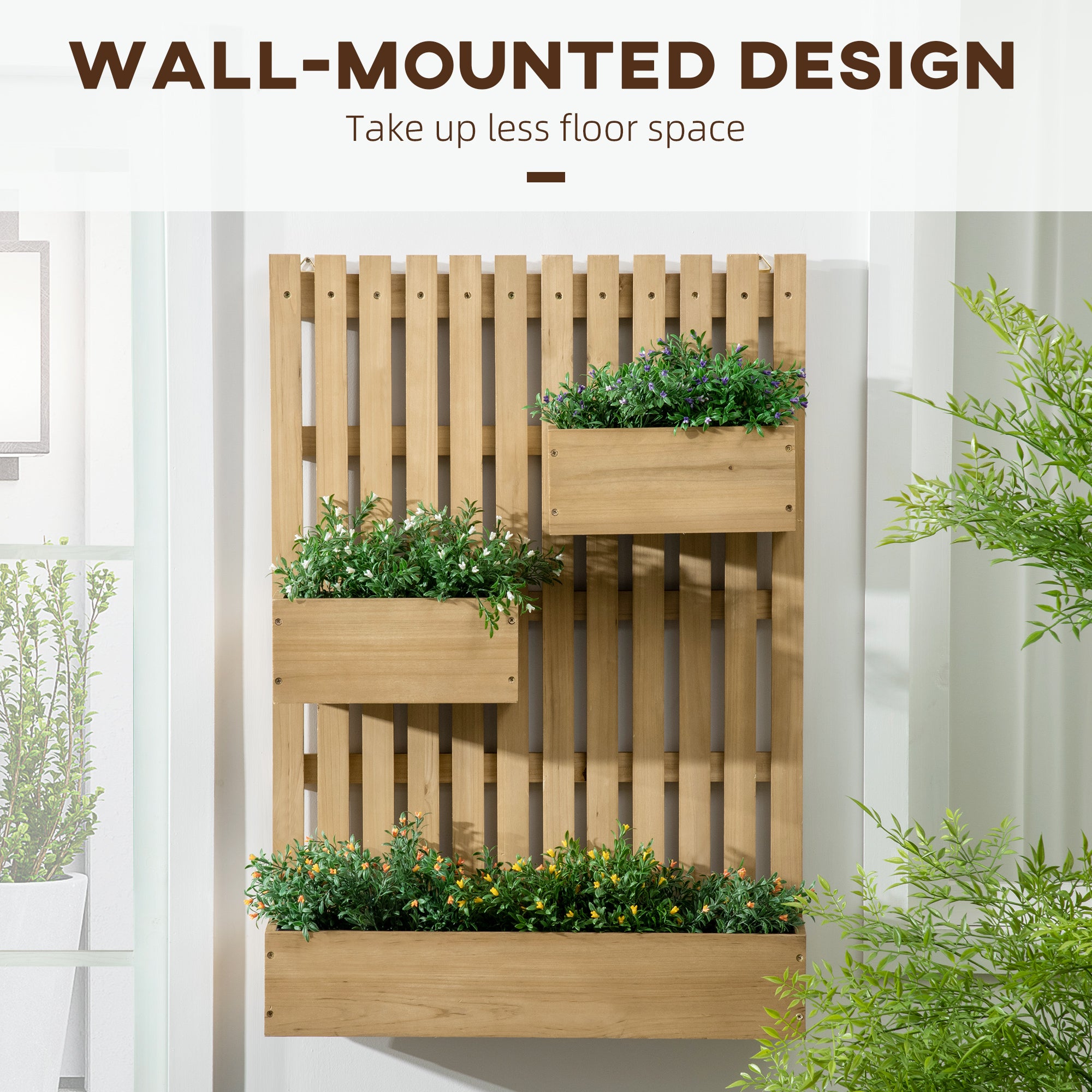 Outsunny Wall-mounted Wooden Garden Planters with Trellis, Drainage Holes and 3 Movable Planter Boxes, Wall Raised Garden Bed for Patio, Natural