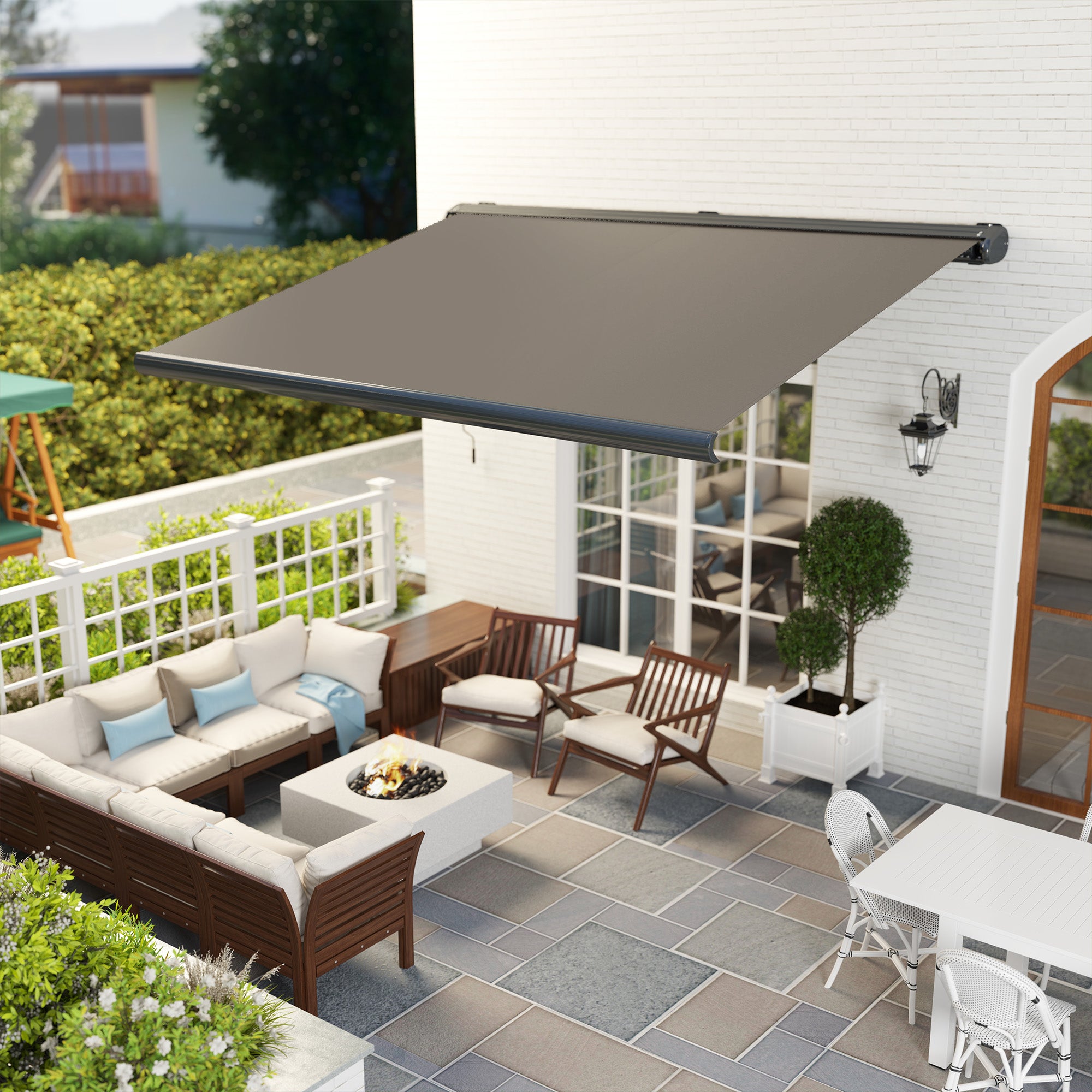 Outsunny 4 x 3(m) Full Cassette Electric Awning with Remote Controller, Aluminium Frame DIY Retractable Garden Awning, UPF50+ Sun Shade Canopy for Deck Door Window, Light Grey - North Peak Garden Furniture