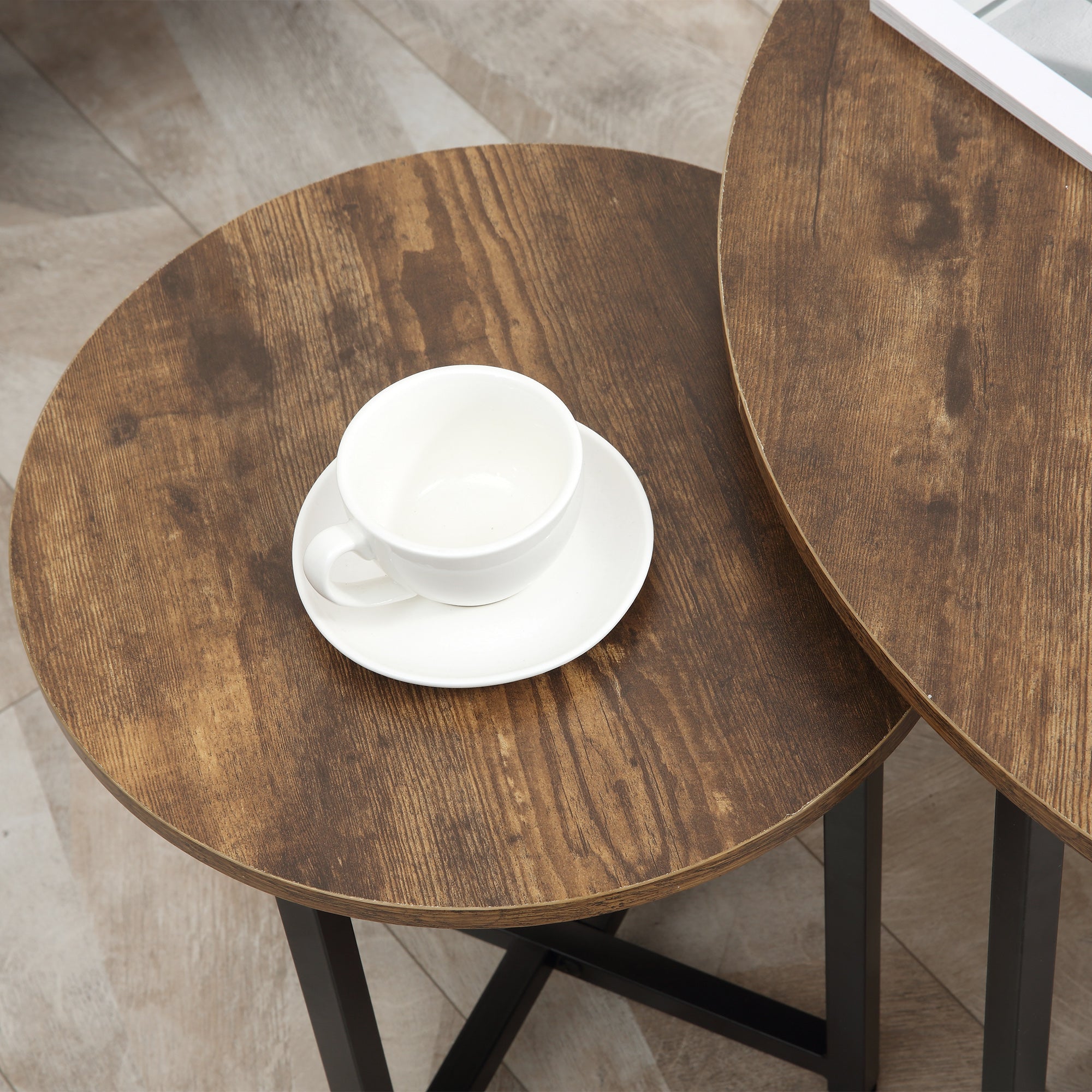 HOMCOM Round Coffee Table, Set of 2 Side Table with Metal Frame, Industrial End Table for Living Room Bedroom, Rustic Brown - North Peak Garden Furniture