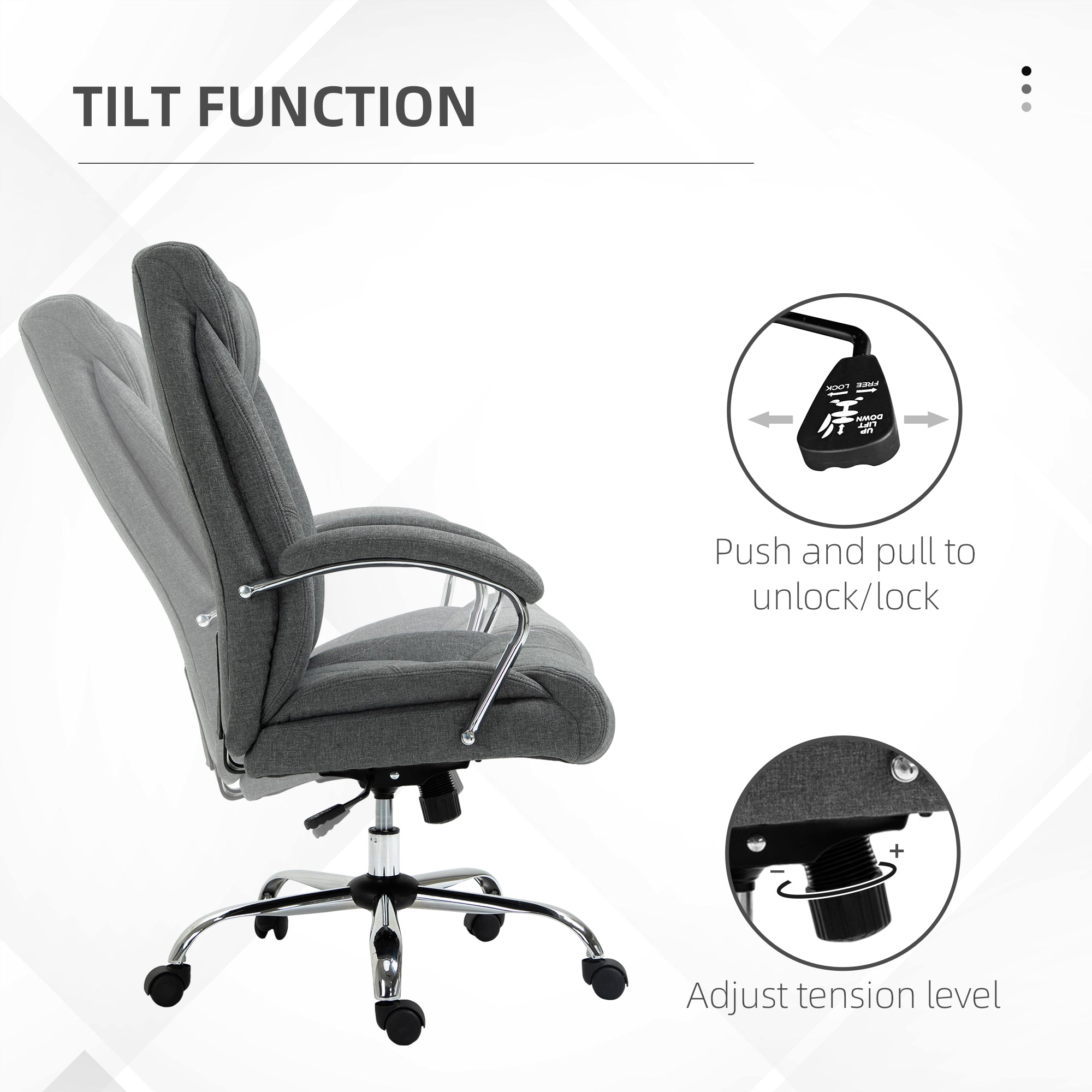 Vinsetto Office Chair, Fabric Desk Chair, Padded Executive Chair with Adjustable Height, Swivel Wheels, Metal Star Base, Grey - North Peak Garden Furniture