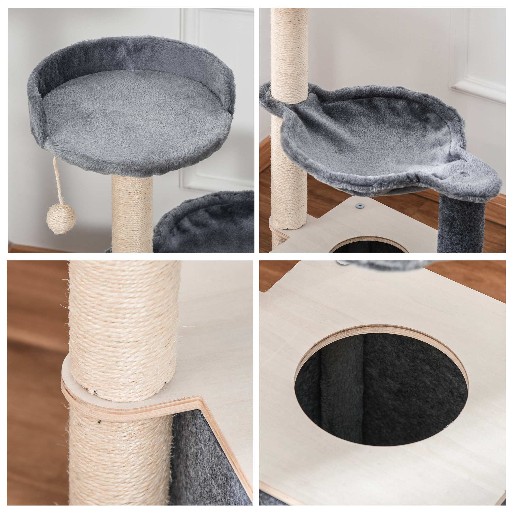 PawHut Cat Tree for Indoor Cats 95cm Climbing Tower Kitten Activity Center with Sisal Scratching Post Perch Roomy Condo Hammock Removable Felt Hanging Toy, Grey - North Peak Garden Furniture