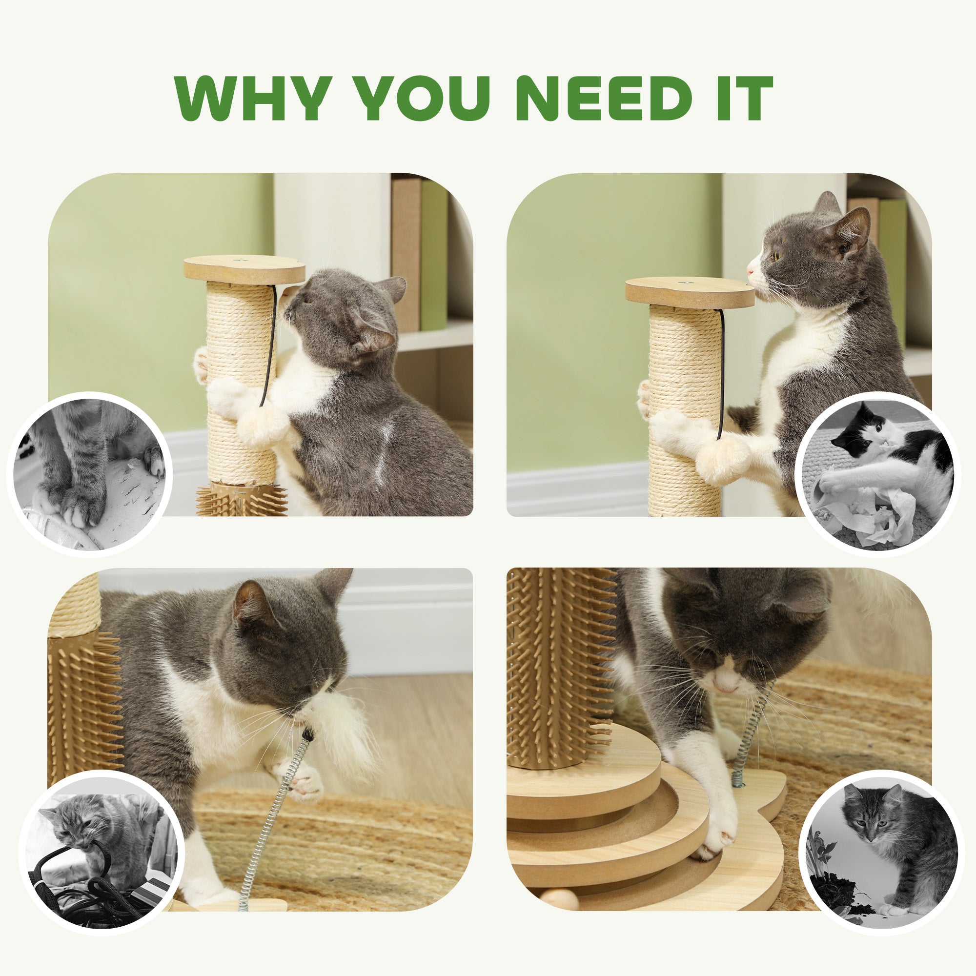 PawHut 49cm 5 in 1 Cat Scratching Post with Sisal Post, Track Ball, Self Grooming Brush, Hanging Toy Ball, Feather, Oak Tone - North Peak Garden Furniture