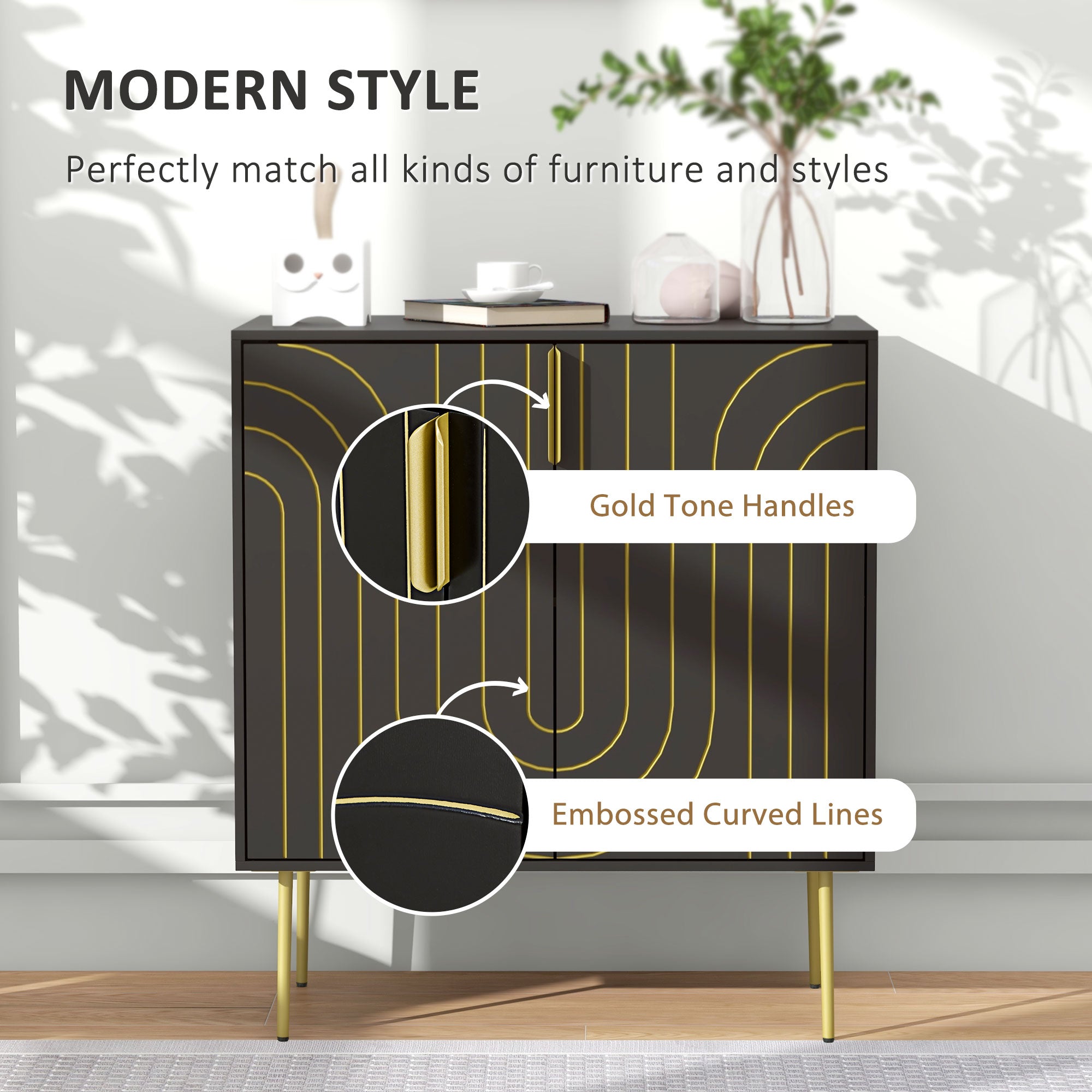 HOMCOM Art Deco Inspired Sideboard, with Adjustable Shelf - Black/Gold Tone - North Peak Garden Furniture