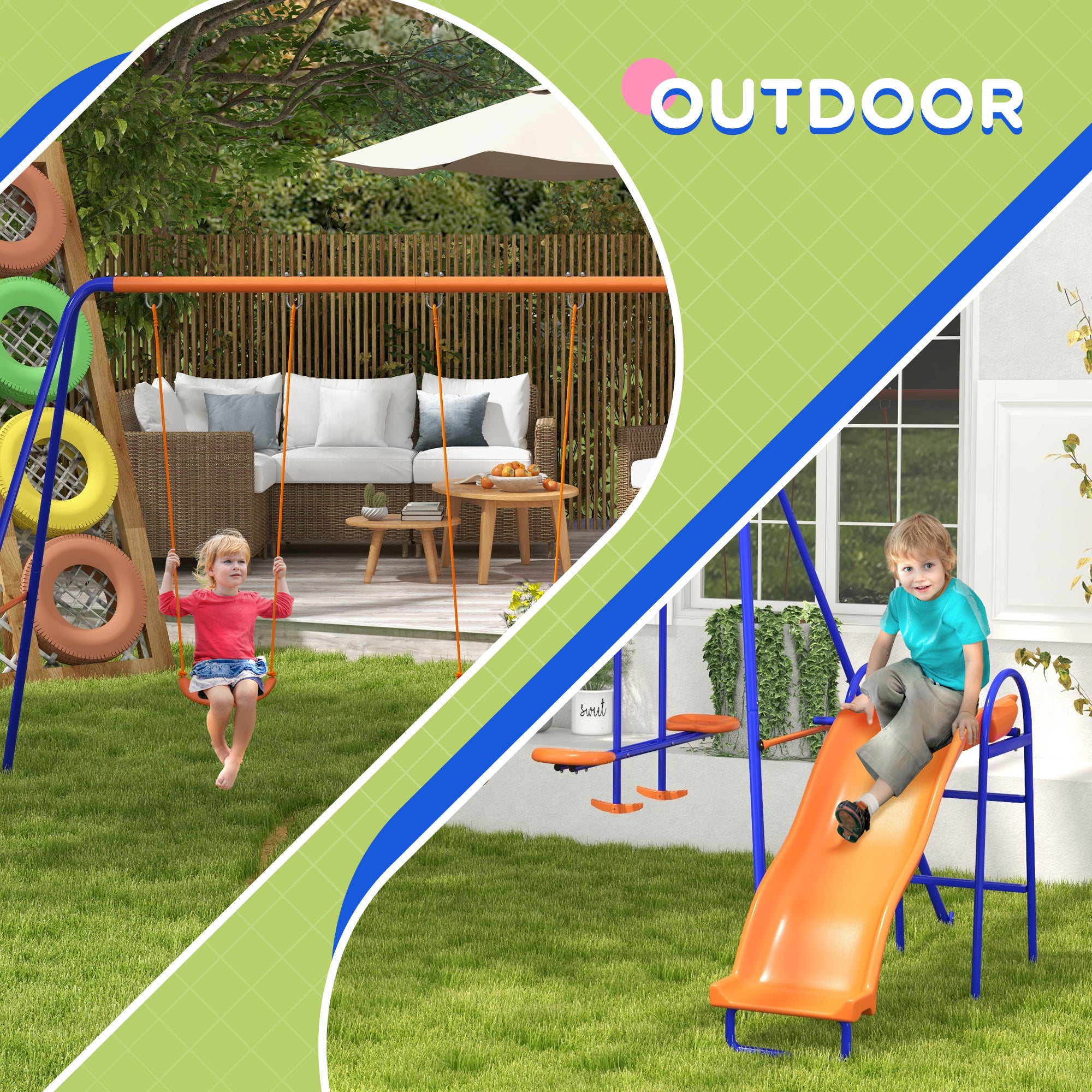 Outsunny Four-In-One Metal Garden Swing Set, with Double Swings, Glider, Slider, Ladder - Orange and Blue - North Peak Garden Furniture