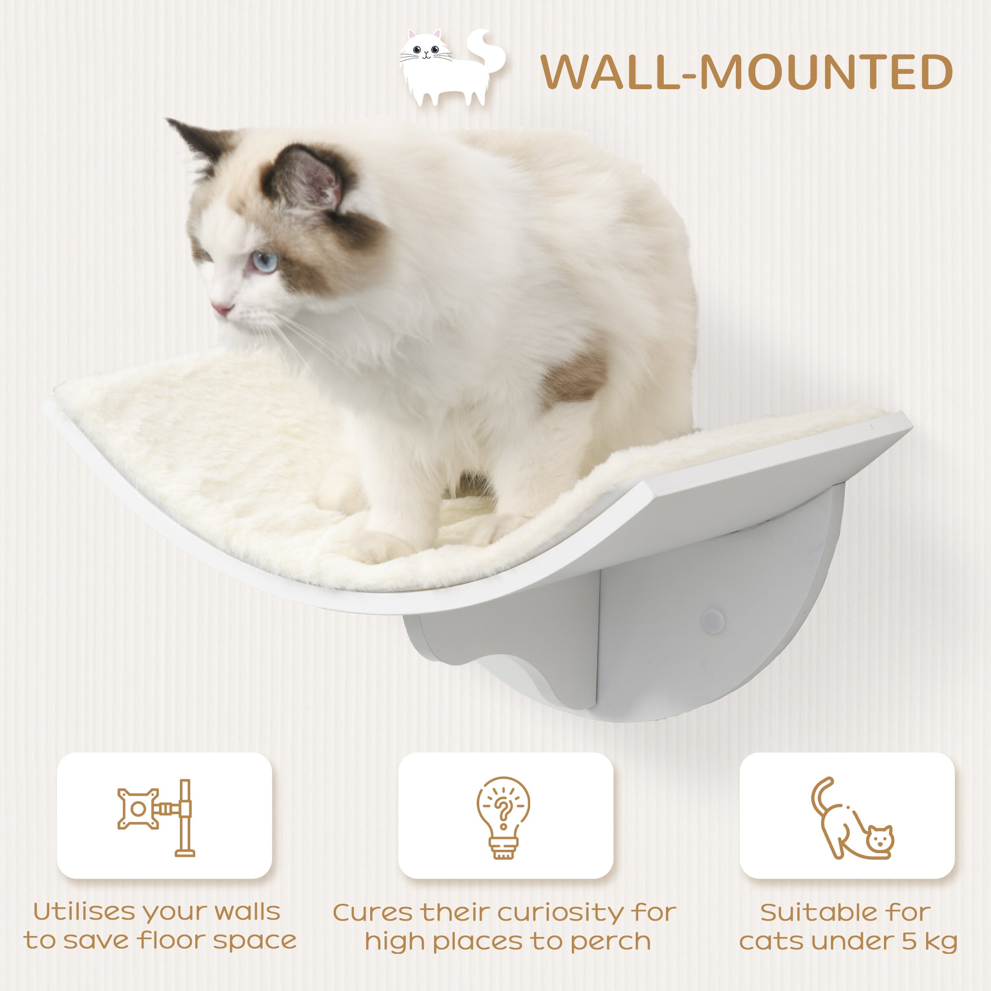 PawHut Wall-Mounted Wood Cat Shelves, Curved Kitten Bed, Climber Perch, Modern Cat Furniture